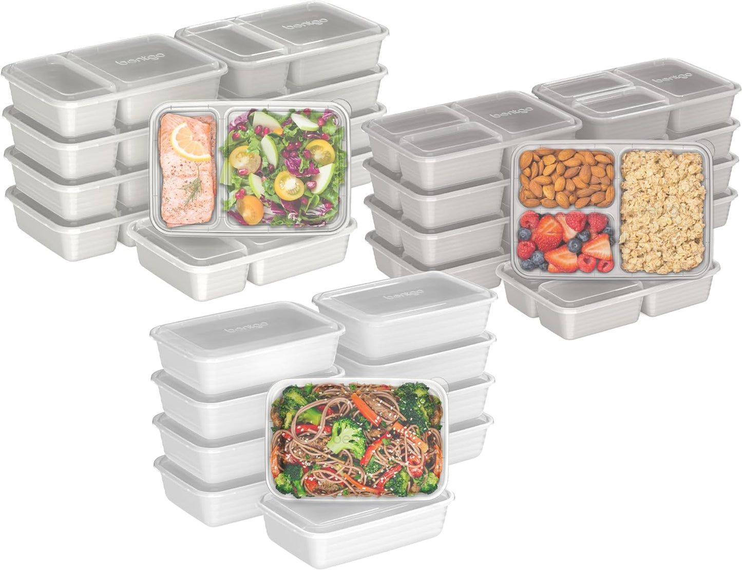 Bentgo Prep 60-Piece Meal Prep Kit - Reusable PFAS & BPA-Free Food Containers, 1-Compartment, 2-Compartment, & 3-Compartments - Microwave, Freezer, & Dishwasher Safe (White Stone)