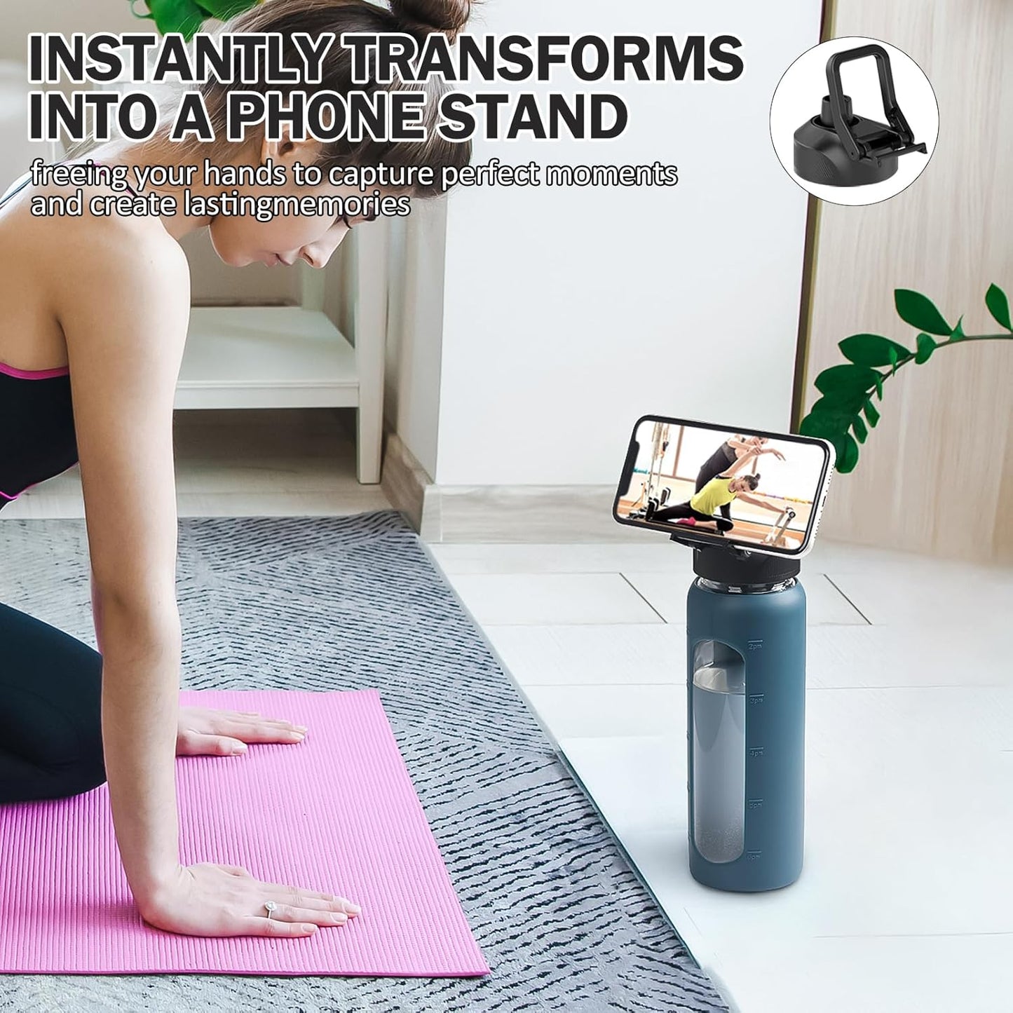 Glass Water Bottle with Straw, 24oz Glass Drinking Bottle with 2 Lids-Bamboo and Spout Lid with Phone Holder Handle for Gym Sports,with Silicone Sleeve and Time Marker,Dark Blue