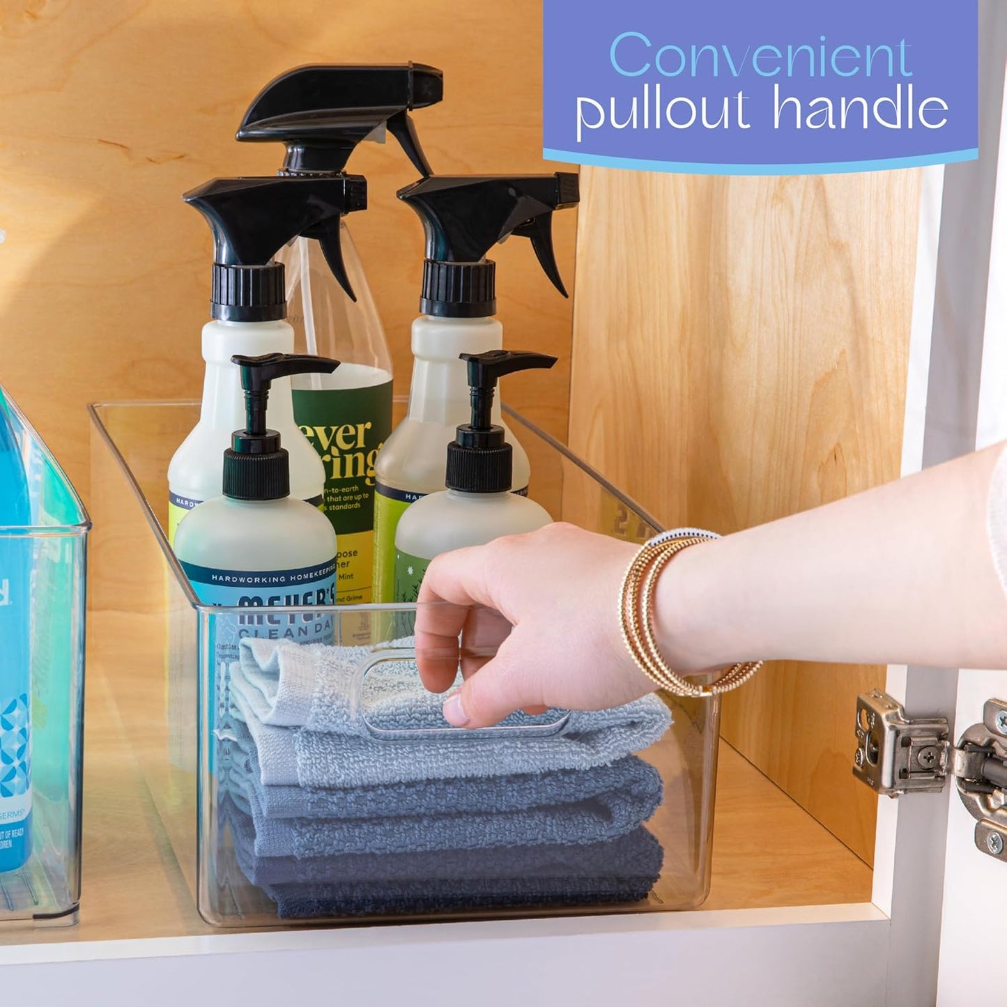 Plastic Food Storage Clear Container Bin with Handles for Organizing Kitchen, Pantry, Refrigerator, Freezer, Pantry, Cabinet, Closet, Bathroom. 14”x8”x5”