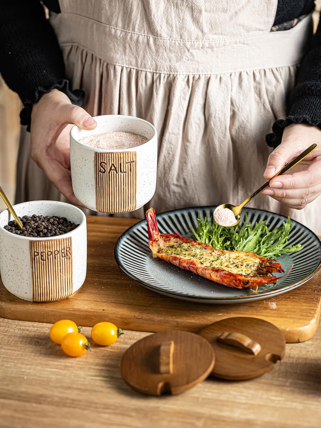 Salt and Pepper Bowl Ceramic, 10 Oz Salt and Pepper Cellar with Lid and Spoon, Farmhouse Salt Containers for Countertop, White