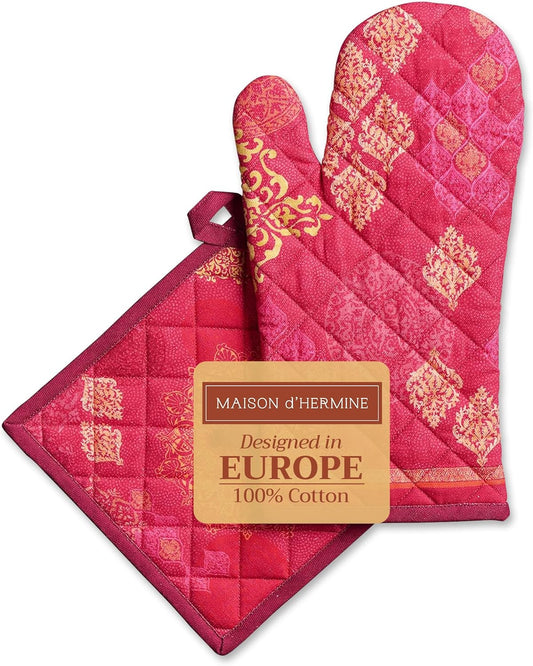 Maison d' Hermine 100% Cotton Oven Mitt & Pot Holder Set (7.5"x13" & 8"x8") Heat Resistant BBQ Cooking Gloves with Loop, Baking, Grilling, Kitchen, Handling Hot Pans (Versailles)