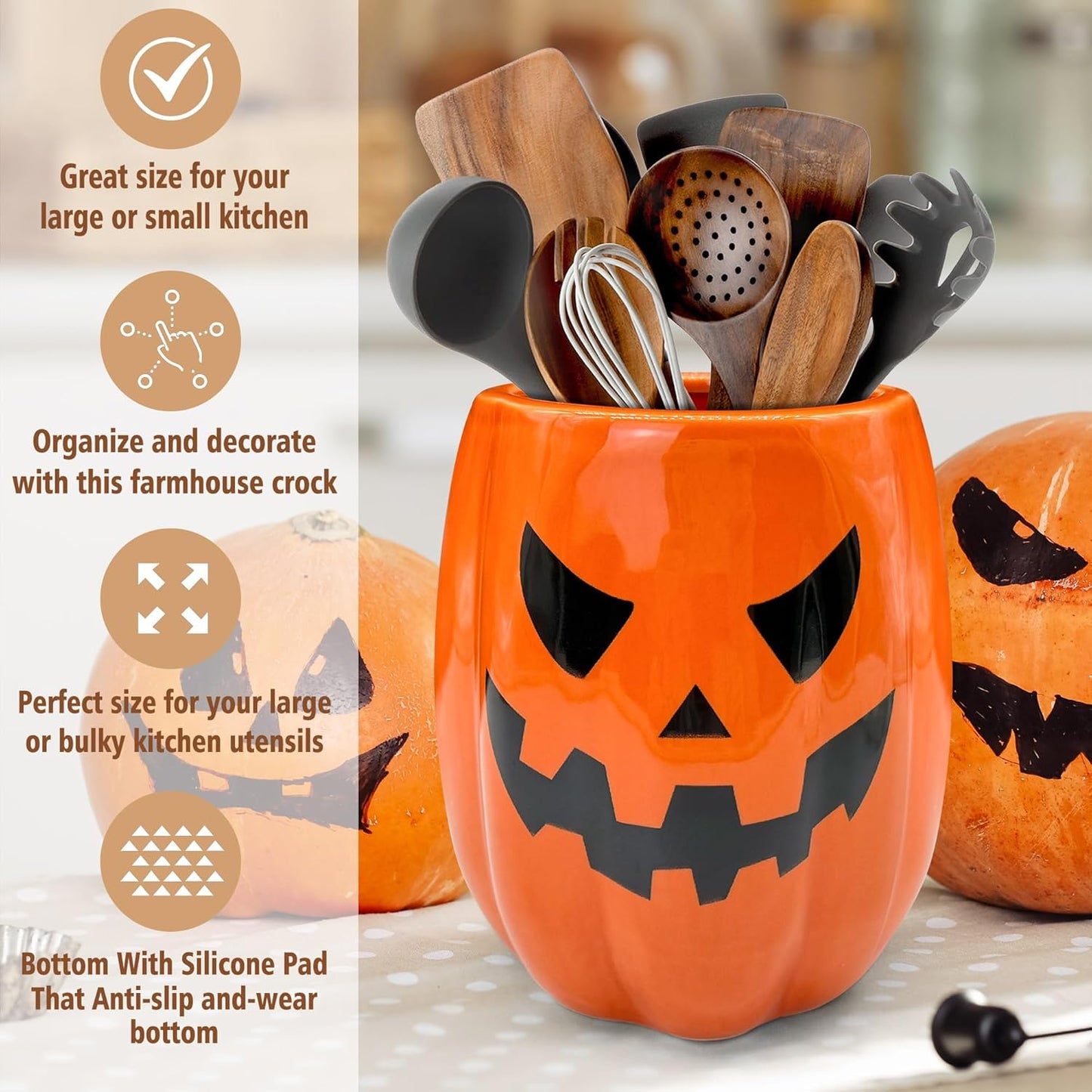 pinata Halloween Kitchen Decor Ceramic Pumpkin Utensil Holder, Cute Halloween Utensils Holder, Ceramic Utensils Crock for Rustic Farmhouse Indoor Kitchen Decorations(6.3 Inches)
