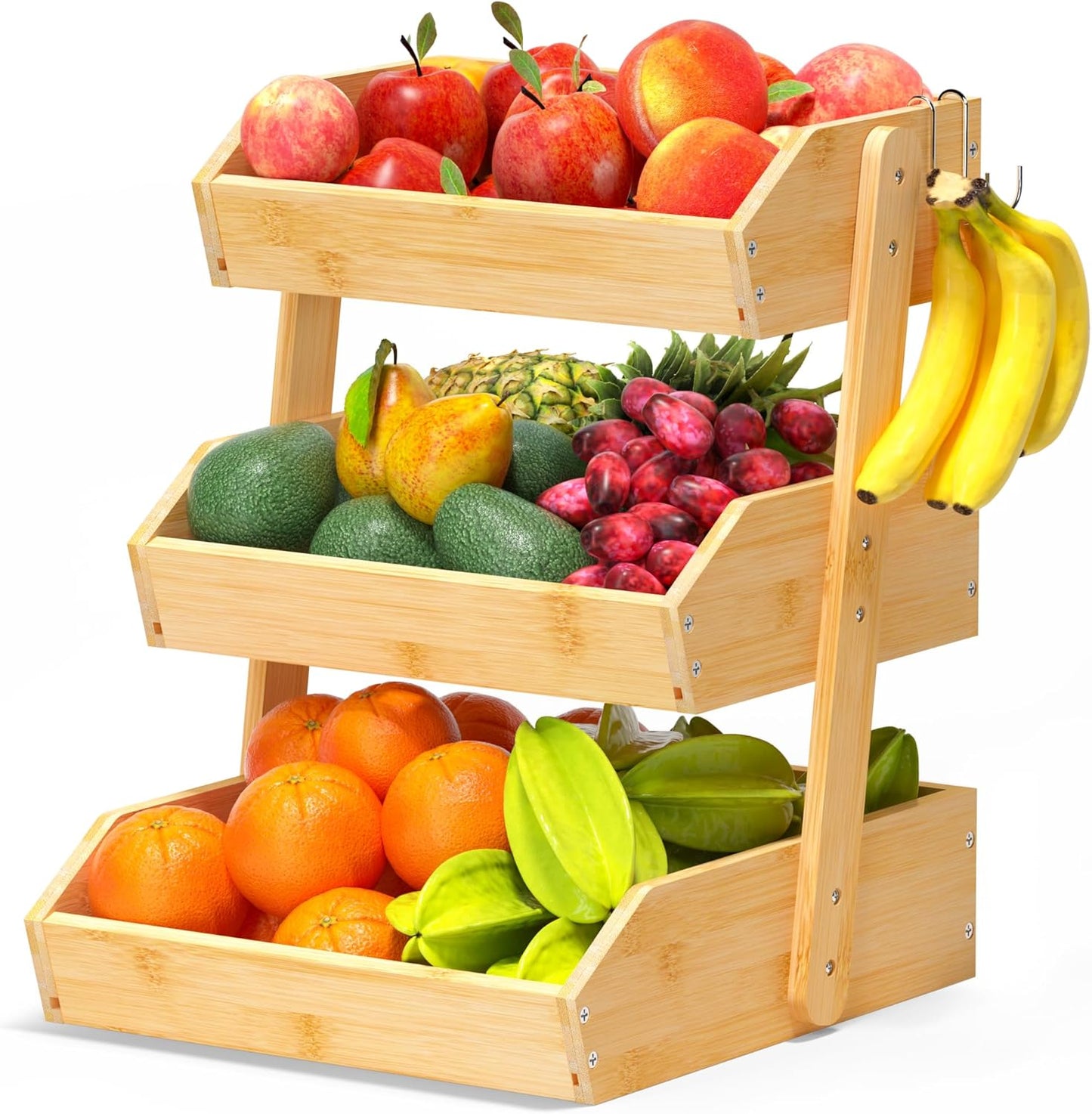 Bamboo Fruit Basket for Kitchen – 3 Tier Fruit Bowl For Kitchen Counter, Large Fruit Holder With 2 Banana Hangers, Idea For Fruit and Vegetable Storage, Bread Basket, Snack Organizer(Bamboo)