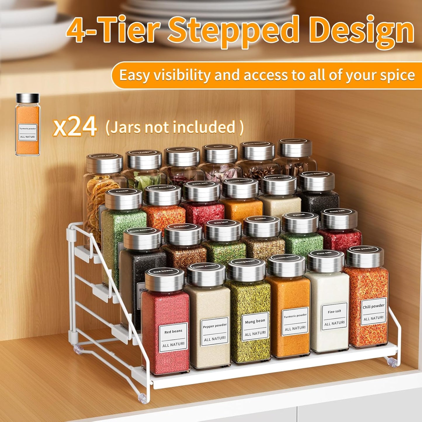 RCHYFEED Spice Rack Organizer for Cabinet, 4 Tier Spice Organization for Cabinet Depth Adjustable,Tierd Spice Rack Seasoning Organizer for Kitchen Countertop Pantry, Metal(1 Pack)
