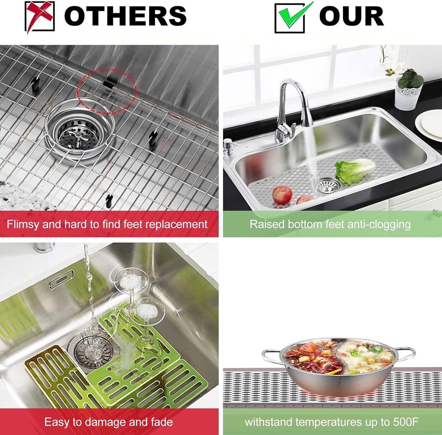 Kitchen Sink Protectors, 24x12 Heat Resistant Mat for Stainless/Porcelain Sink, No-Slip Grid (Grey)