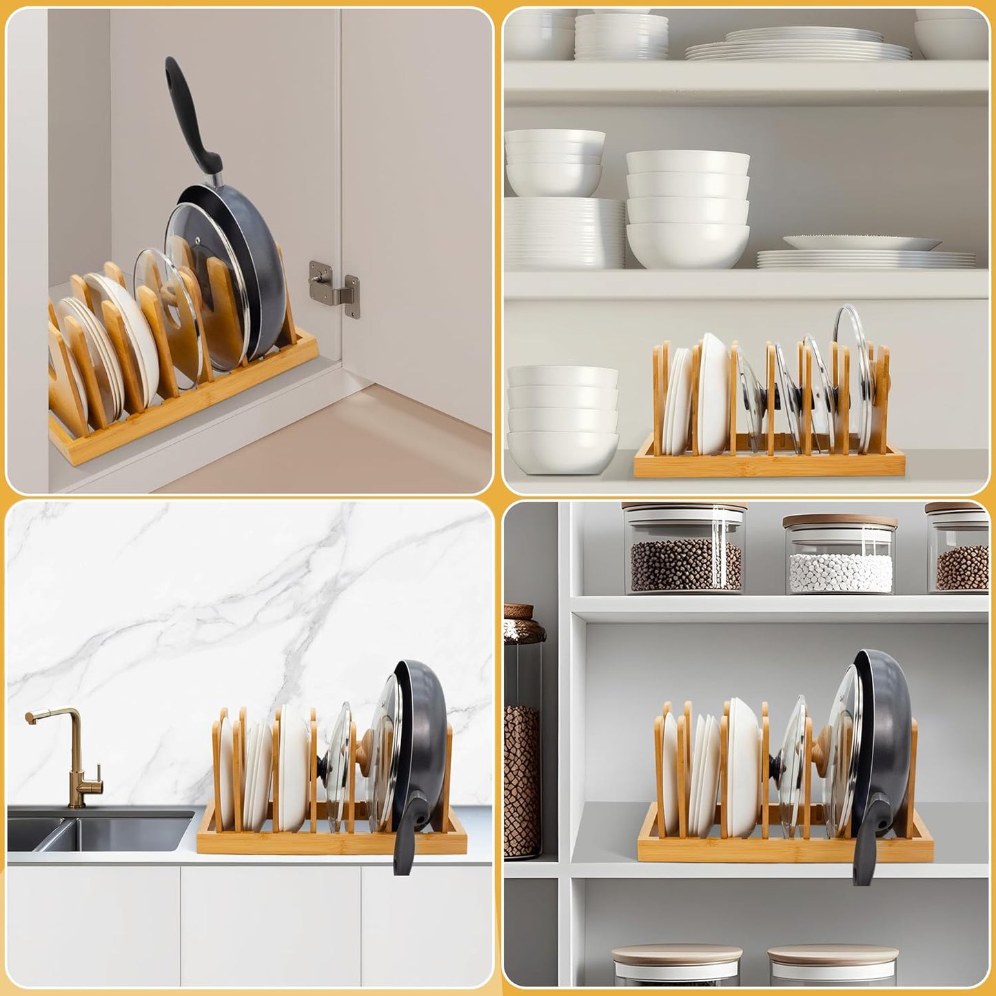 MinBoo Bamboo Pot Lid Organizer Pot Lid Holder, Pot and Pan Organizer Drawer Organizer for Pot Lids, Pans, Cutting Boards & Baking Sheets, Dinner Plates