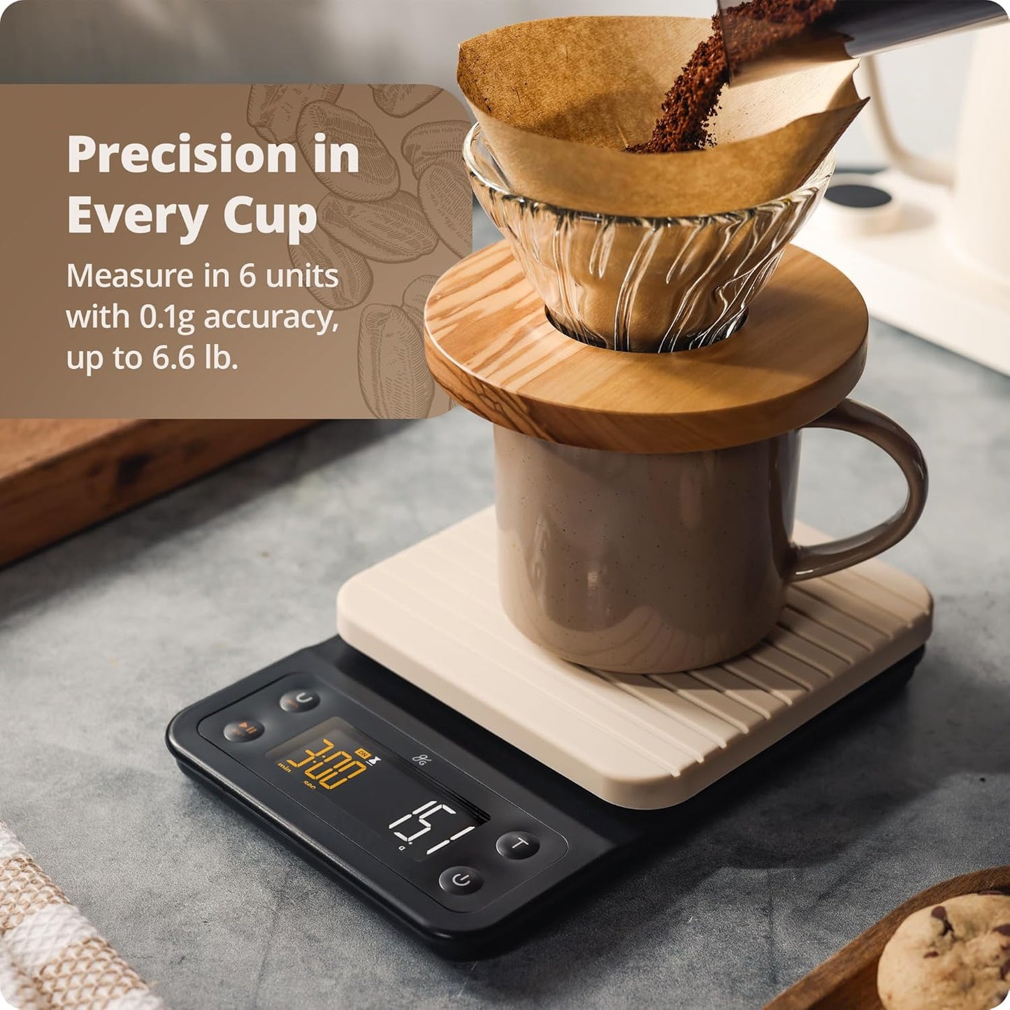 Greater Goods 0.1g Precision Coffee Scale with Timer – 3kg Digital Scale for Pour-Over, Espresso, French Press, Kitchen Use (Birch)