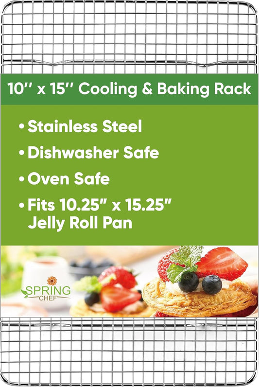 Spring Chef 10 x 15 Inch Stainless Steel Cooling Rack for Cooking & Baking - Heavy Duty Cookie Cooling Rack for Kitchen - Oven Safe - Fits Jelly Roll Pan - Dishwasher Safe