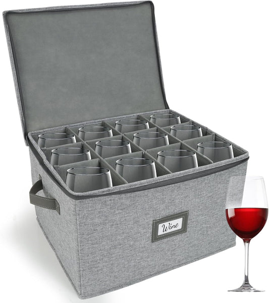HOMELUX THEORY Wine Glass Storage Box with Dividers, Light Gray Hard Shell China Storage Containers, Kitchen Storage Bins With Lids, Heavy Duty Moving Box for Packing Glasses, Stemware & Glassware