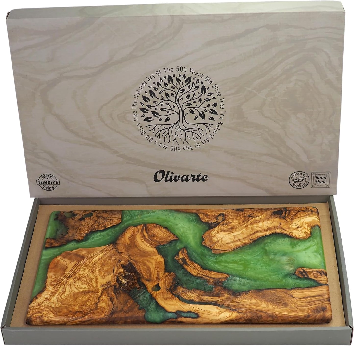 Handmade Epoxy Cutting Board & Charcuterie Board - Decorative, Olive Wood Boards for Serving Cheese, Fruit, Meat - Ideal for Kitchen, Unique Housewarming Gift- Green Resin