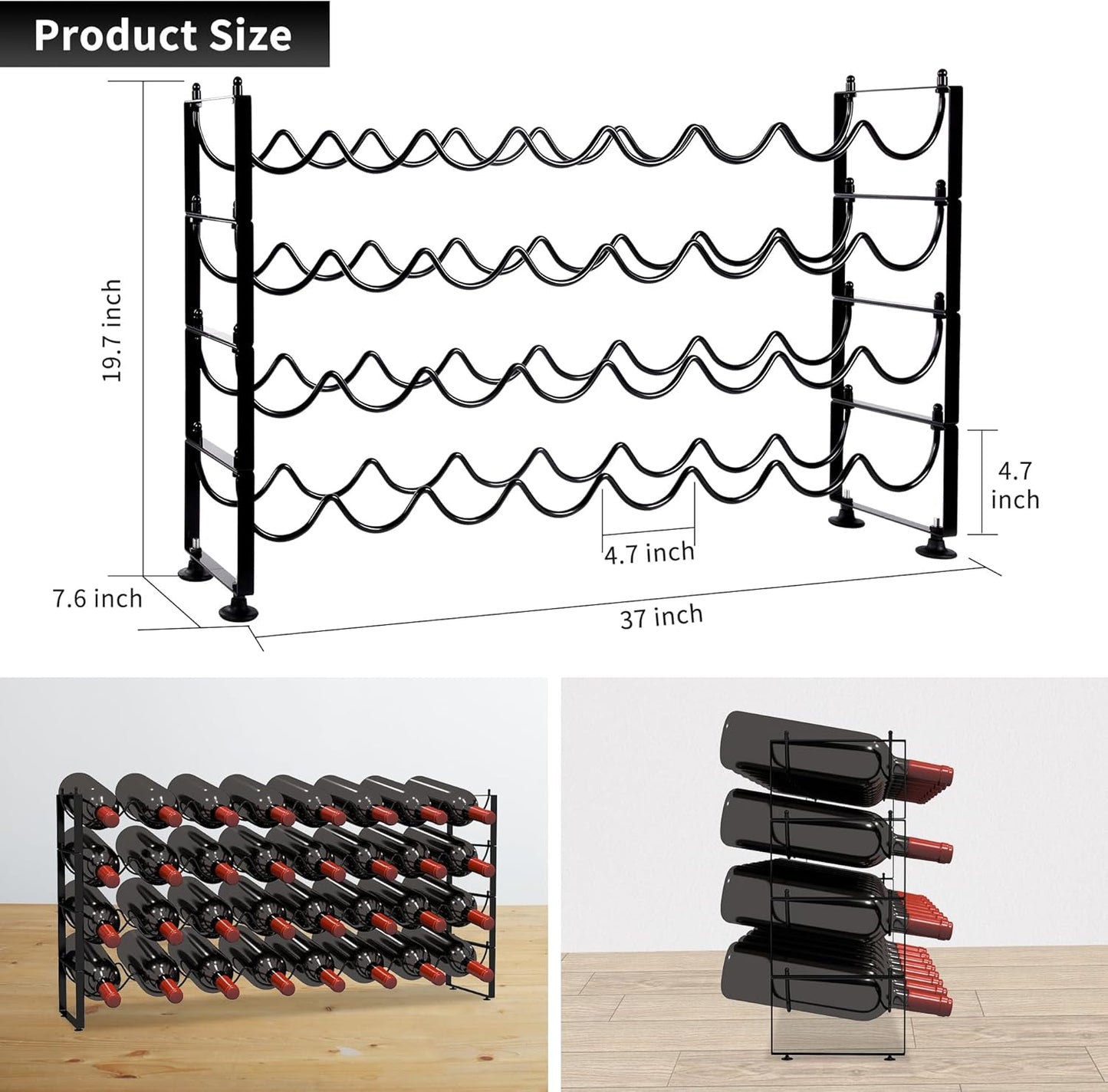 TONLEA 4 Tier Wine Rack, 32 Bottle Storage, Stackable Wine Rack for Cabinet Pantry (Dark Black)