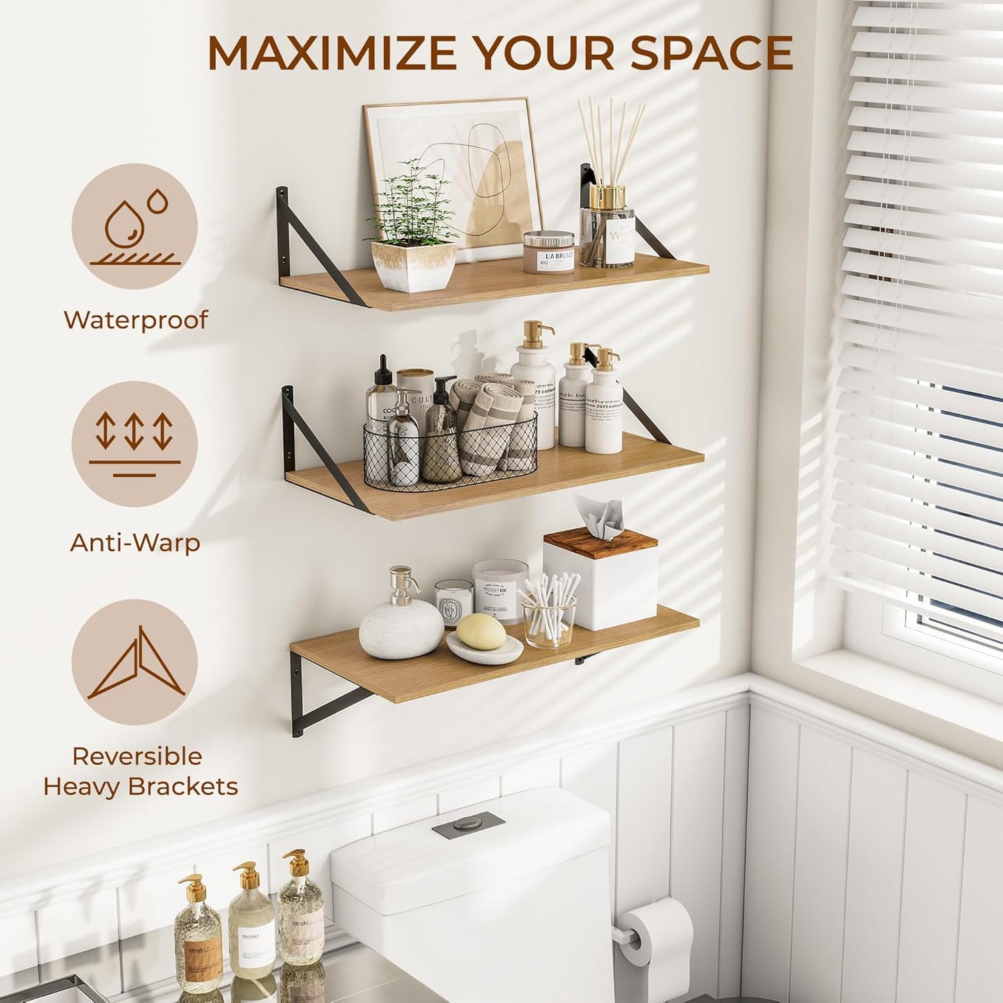 Heimlove 24" W x 12" D Wall Shelves for Books, 12 Inch Deep Floating Shelves Set of 3, Wide Floating Bookshelf with Metal Bracket for Living Room, Kitchen, Office, Bedroom and Decor Storage - Oak