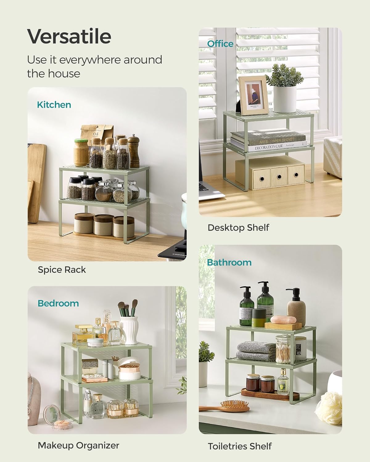 SONGMICS Spice Racks, Set of 2 Metal Cabinet Shelf Organizers, Countertop Organizers, Shelf Risers, Stackable, Expandable, Sage Green UKCS001C01