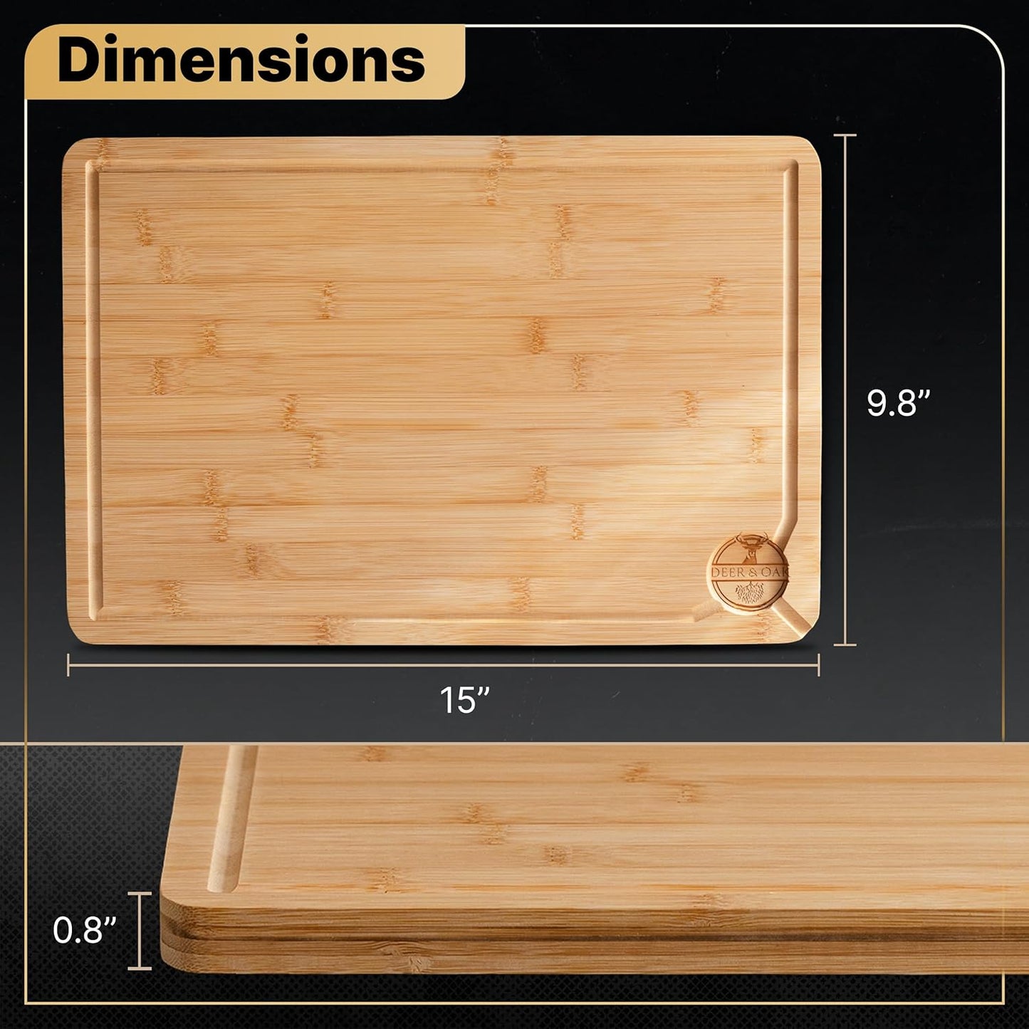 Deer & Oak Premium Large Bamboo Cutting Board – 15" x 9.8" x 0.8" Wooden Chopping Board for Meat and Vegetables, Pre-Oiled, Water Resistant, Knife Friendly