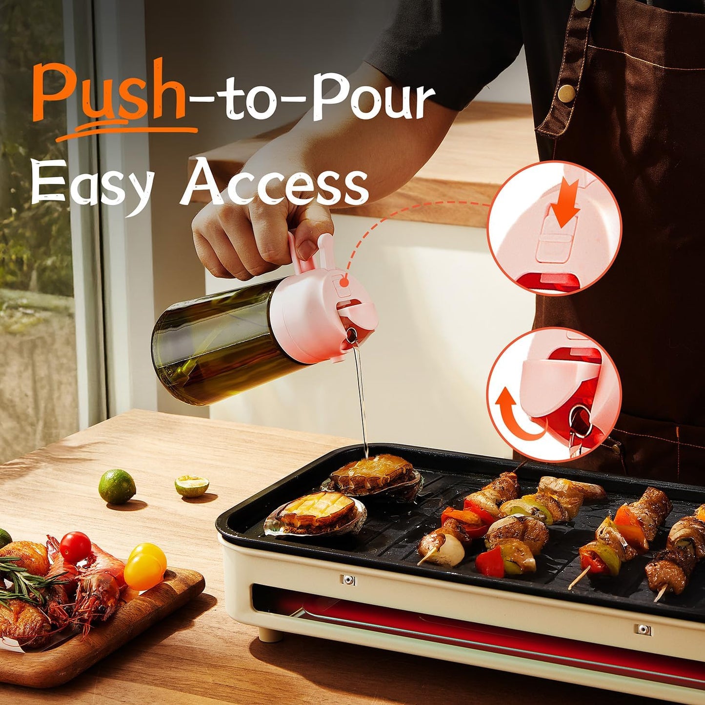 TrendPlain - Original 16oz/470ml Olive Oil Dispenser Bottle for Kitchen Gadgets and Air Fryer Accessories - Olive Oil Sprayer for Cooking w/Stickers - Black&Peach