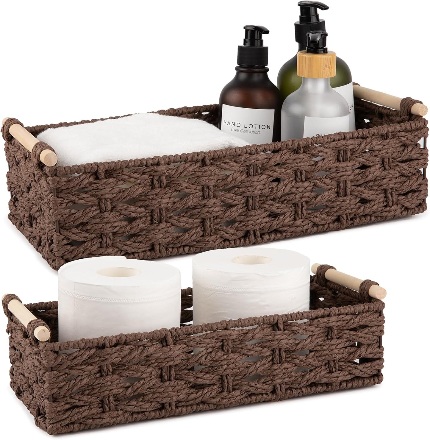 OIAHOMY Toilet Paper Baskets Handmade Paper Rope Decorative Wicker Storage Tank Shelf Cabinet Organizer for Bathroom Home, Set of 2, Brown