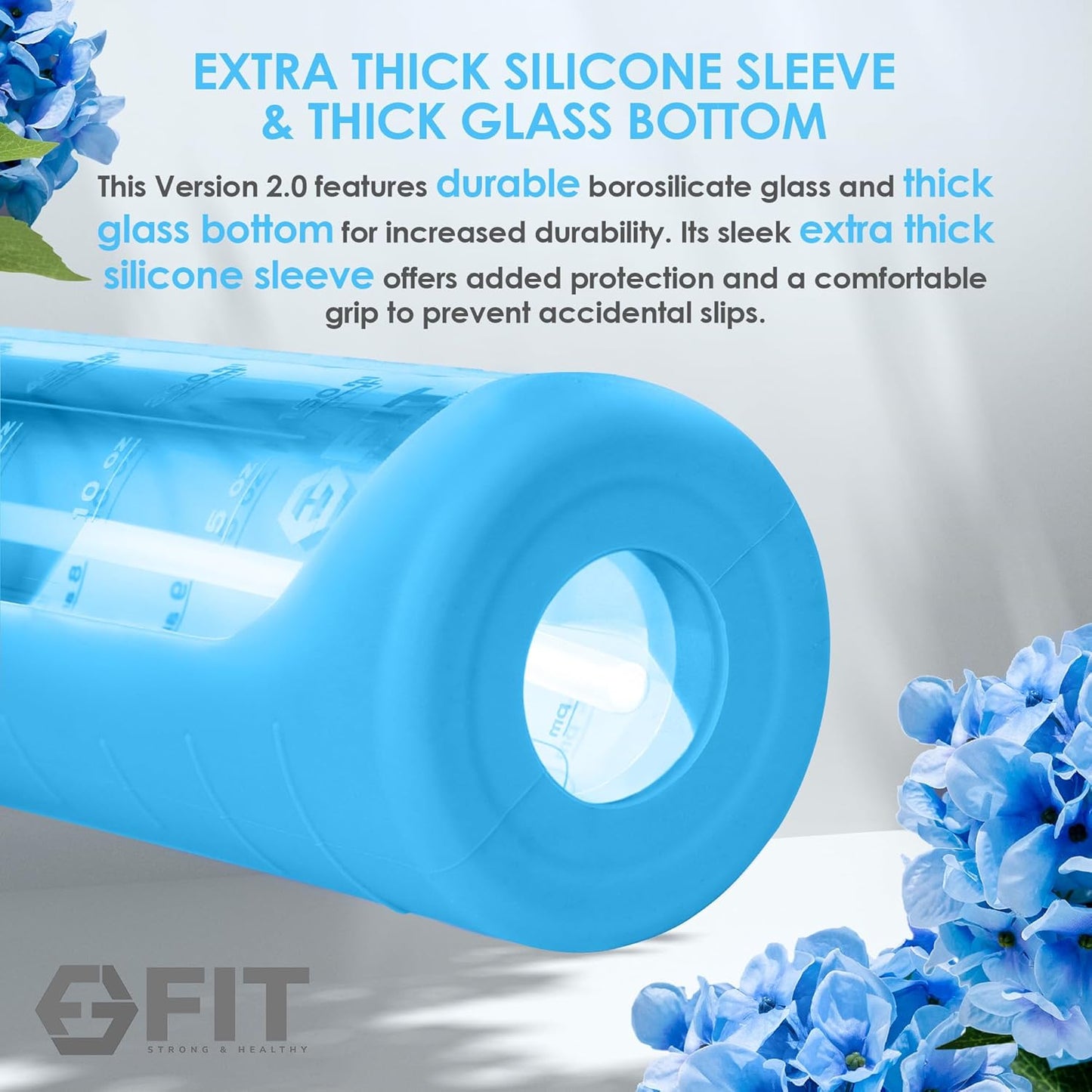 FIT Strong & Healthy 32 oz Glass Water Bottle with Straw Lid, Time Marker, Sleeve & Extra Lid - Motivational, Wide Mouth 1 Liter Glass Drinking Bottle