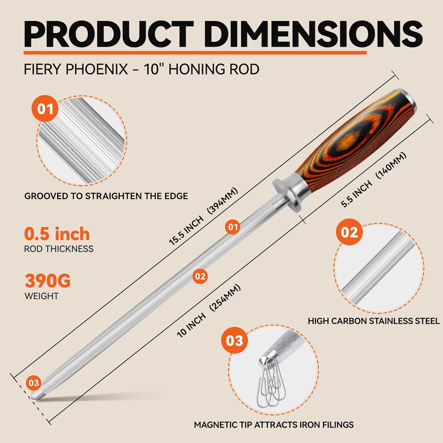 TUO Honing Steel, 10 Inch Knife Sharpener Rod with Pakkawood Handle for Kitchen Knives Daily Sharpening Maintenance - Fiery Phoenix Series