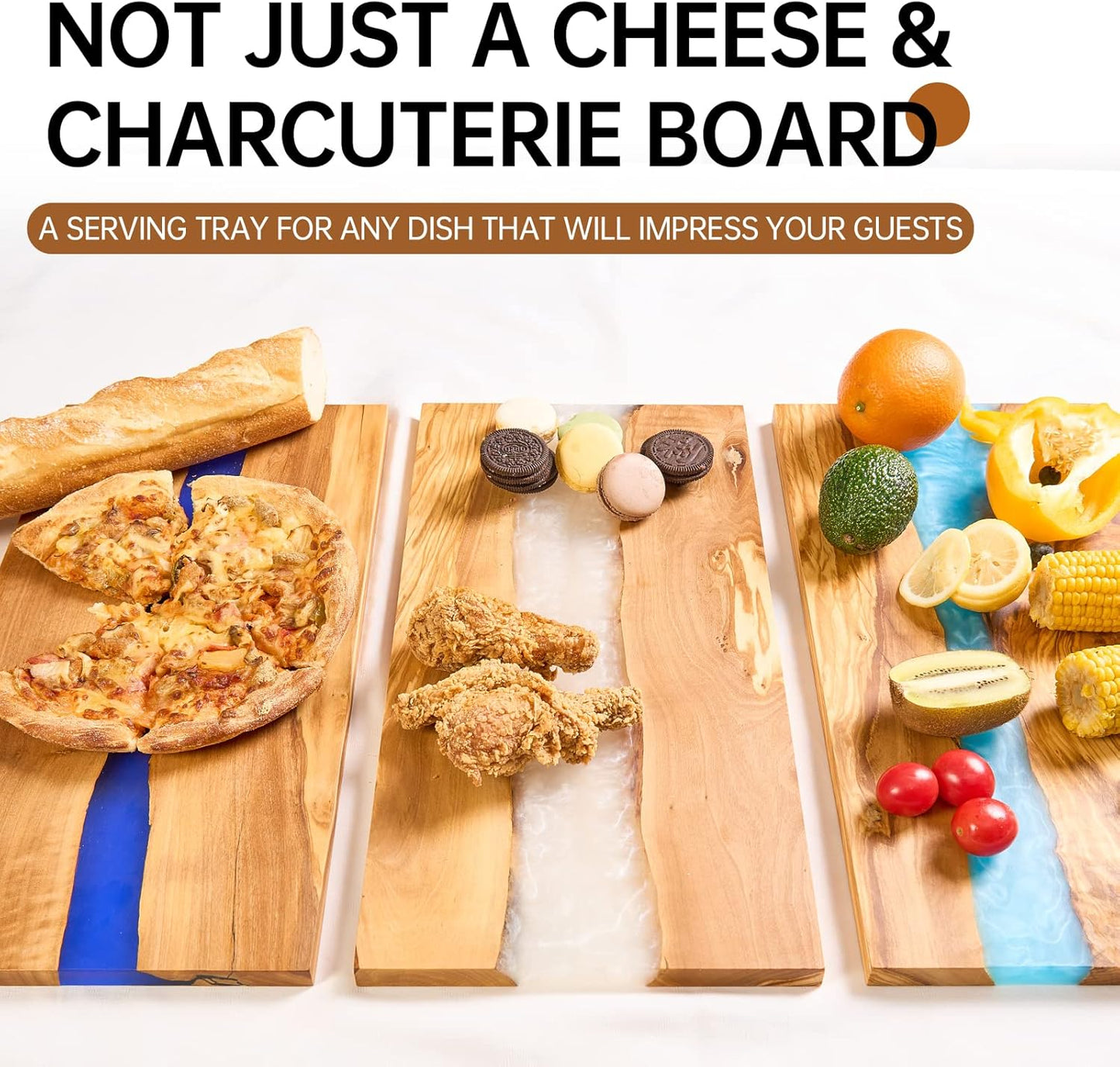 Italian Olive Wood luxury Cheese board with Resin, Charcuterie board, Chopping and Cutting Board for Meat Vegetable & Fruit, Wooden Epoxy Serving Board (Blue And White Gradient)
