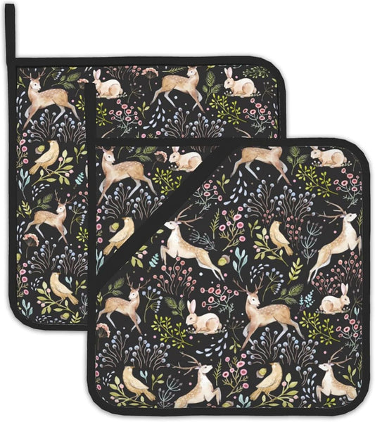 2PCS Forest Deer Pot Holder with Loop,Heat Resistant Oven Pads,Hot Pat for Kitchen Cooking Baking Food