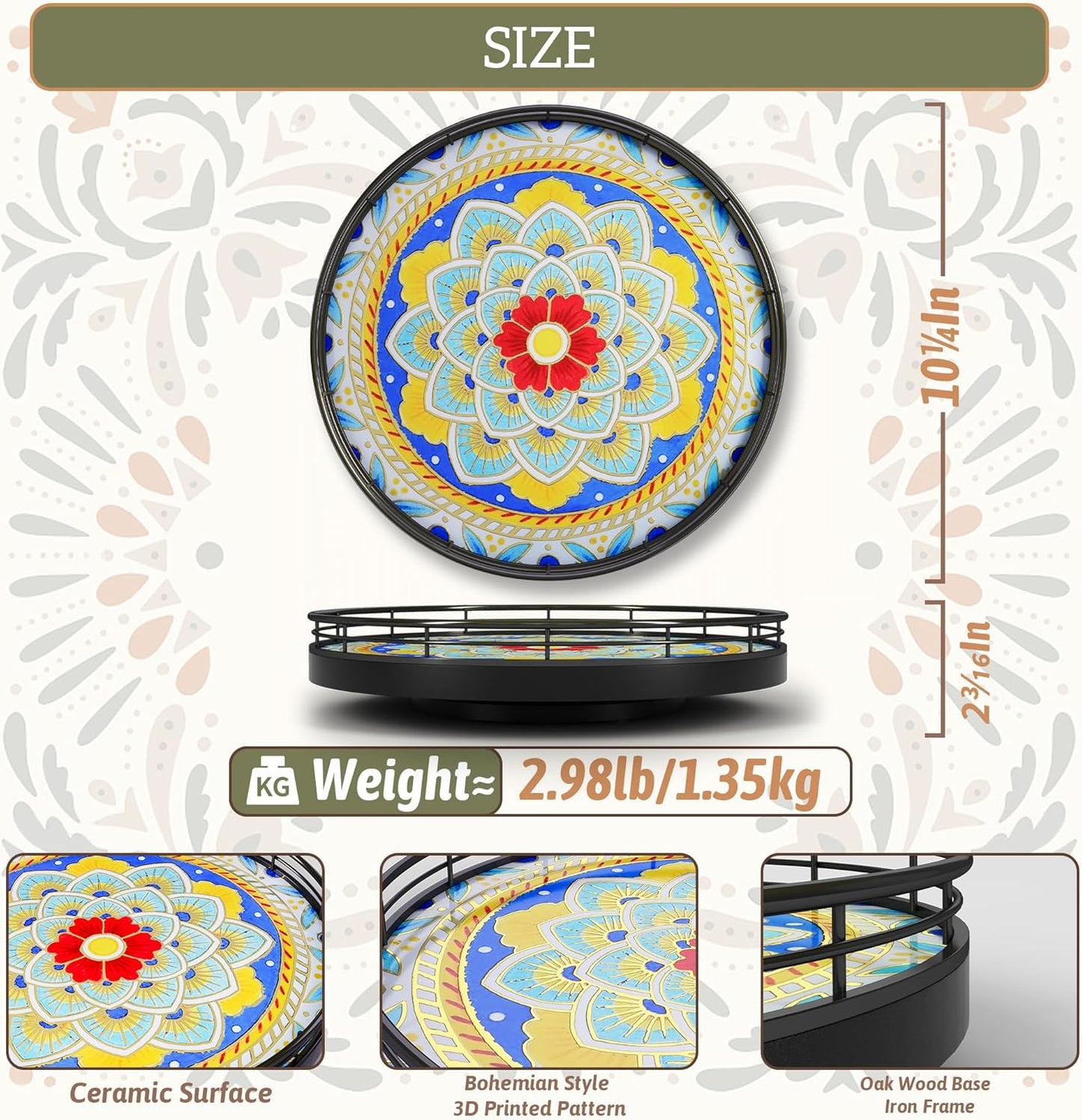 Decorative 3D Art Ceramic Lazy Susan for Table Top, 10.2" Boho Oak Wooden Lazy Susan Turntable Organizer for Dining Table Centerpiece Kitchen Countertop Coffee Table Decor Porcelain Tray Home Crafts