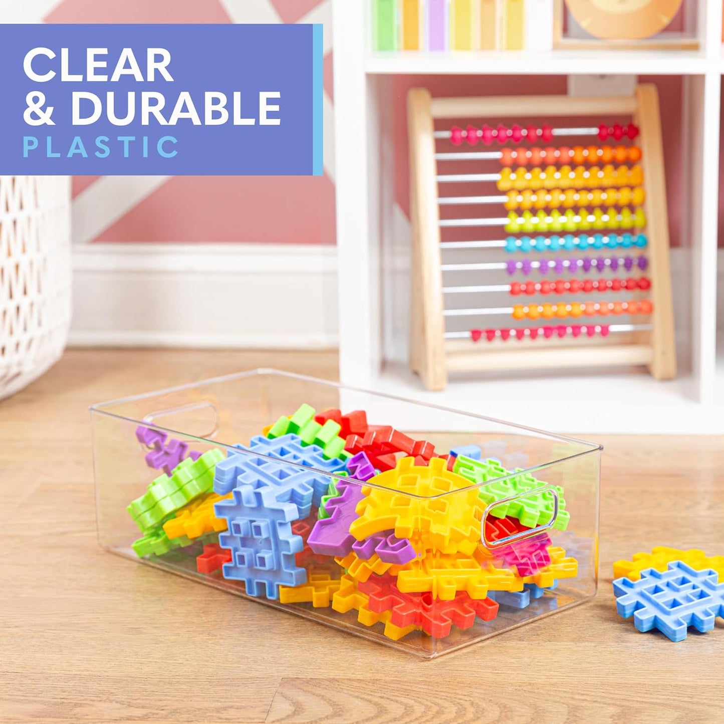 Plastic Food Storage Clear Container Bin with Handles for Organizing Kitchen, Pantry, Refrigerator, Freezer, Pantry, Cabinet, Closet, Bathroom. 14”x8”x5”