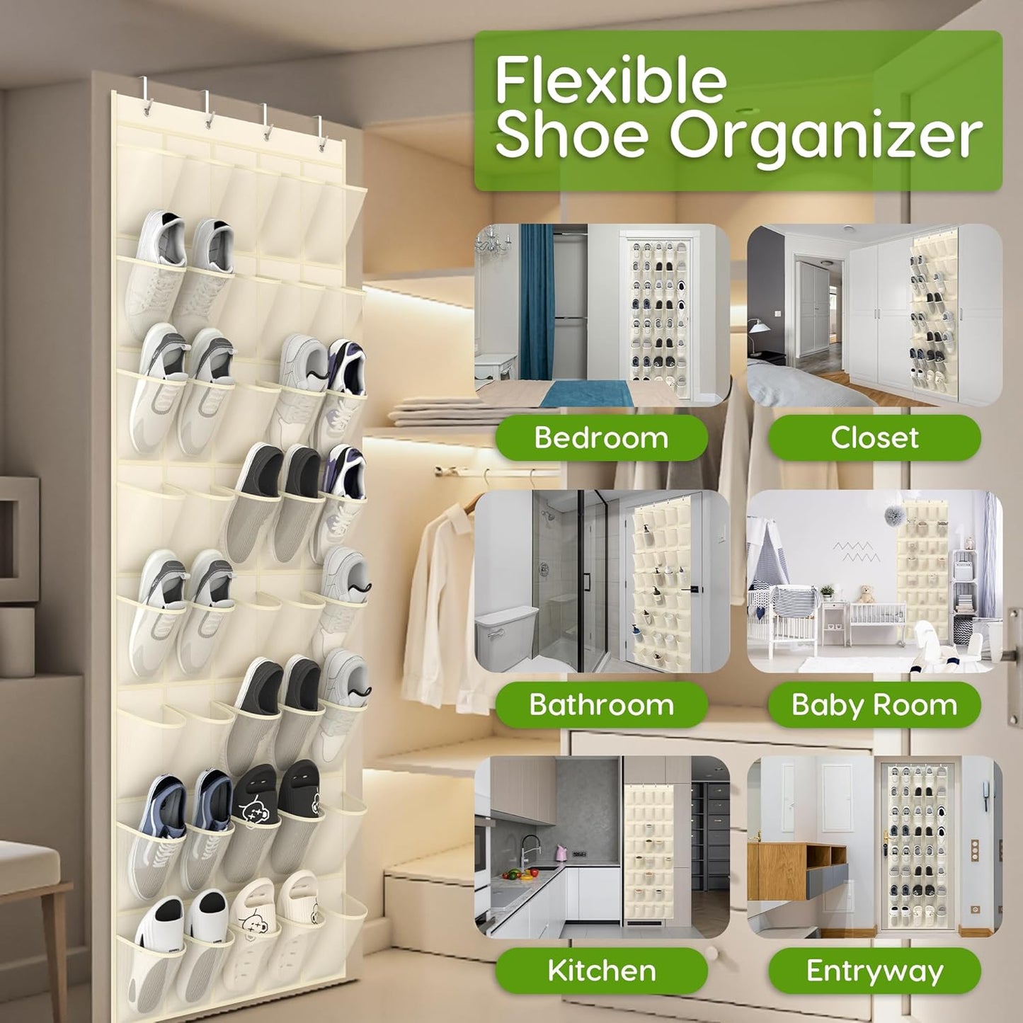 Unjumbly Over the Door Shoe Organizer with 40 Large Breathable Mesh Pockets, Space Saving Shoe Holder, Hanging Shoe Rack for Entryway Bedroom Closet Storage (Beige, 40 Pockets)