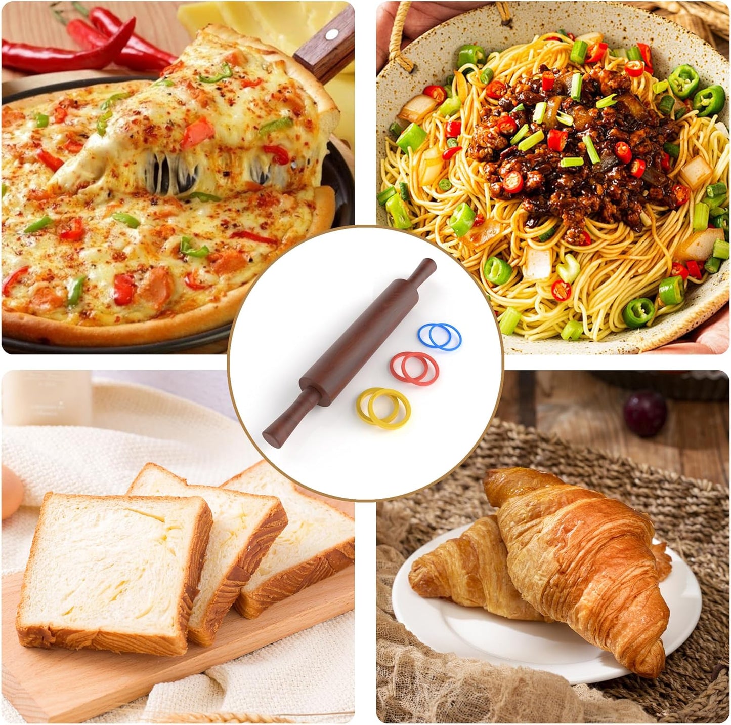 Classic Wooden Rolling Pin with Handle and Pastry Mat for Fondant, Pizza, Pies, Cookies,Rolling Pin for Baking with 3 Multi-Color Thickness Rings,17" x 2.5" (Include handle)