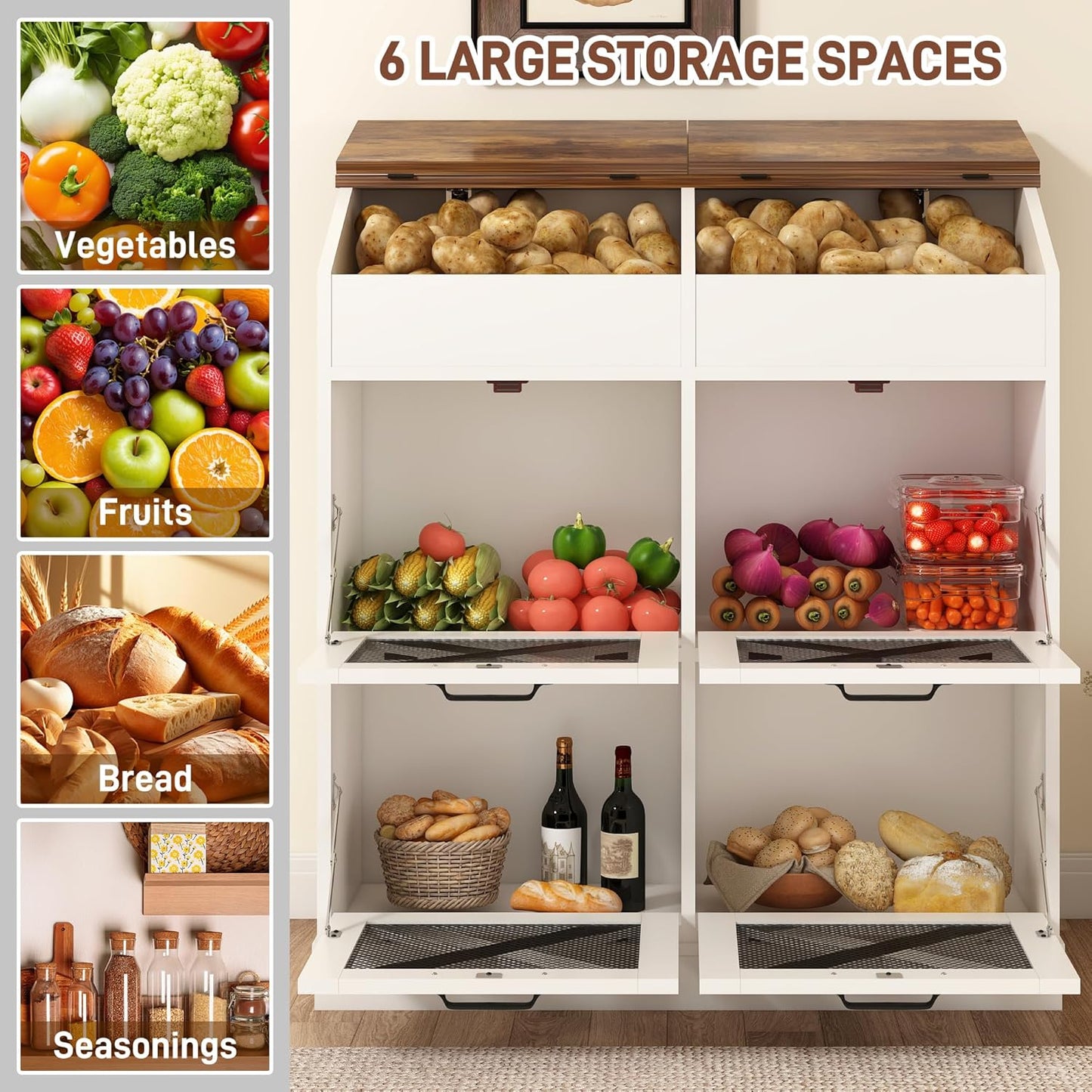 Large Wood Bread Box for Potato,Onion.Veggie Bin W/6 Large Storage Box.Root Vegetable Storage Box For Kitchen,Farmhouse Potato Storage Bin W/4 Mesh Doors,Bread Keeper for Toast,Bagel,Donut,Cookies