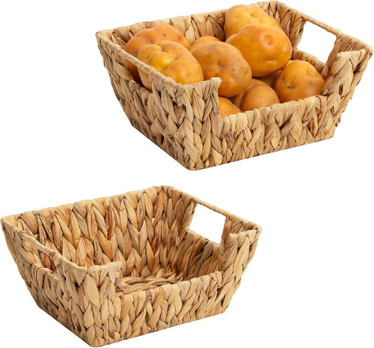 StorageWorks Small Pantry Baskets for Patato and Onion Storage, Wicker Baskets for Organizing with Built-in Handles, Water Hyacinth Pantry Organizers and Storage for Kitchen Shelves, 2 Pack