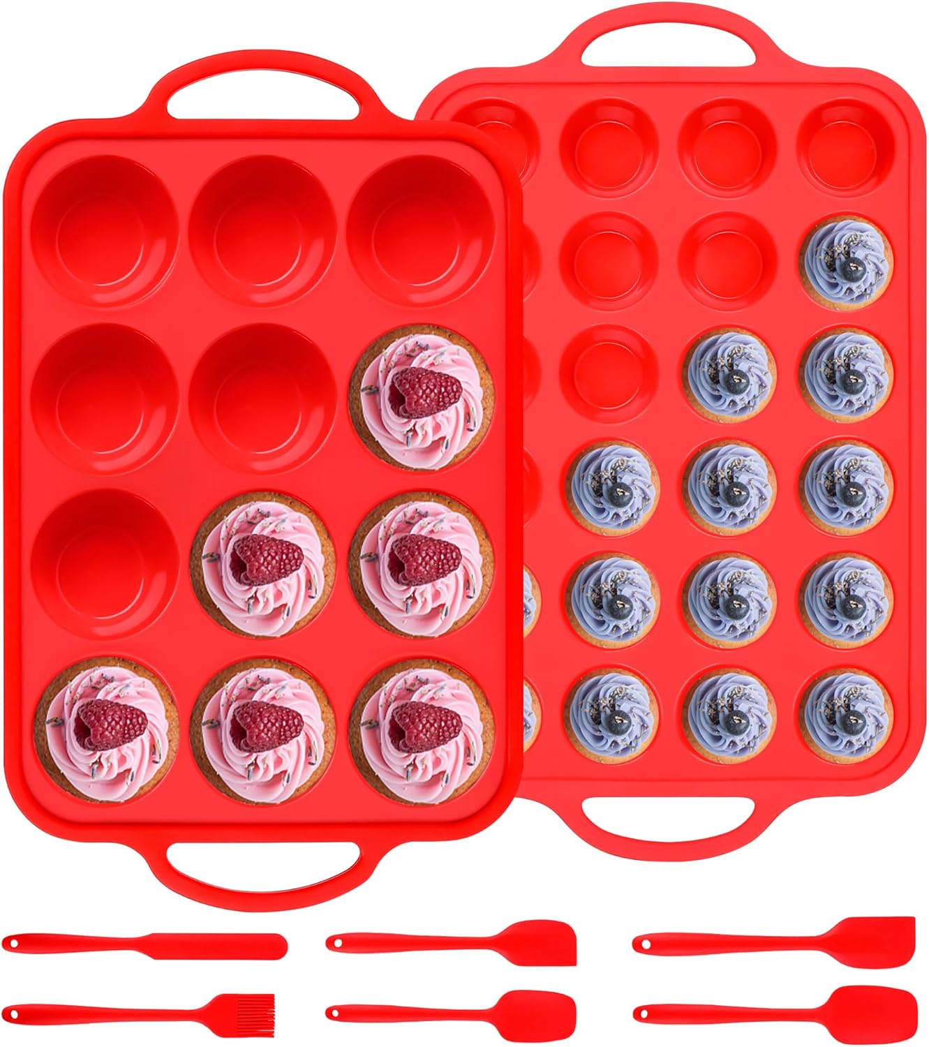 8 Pcs Silicone Muffin Pan Set, 12 Cup Regular & 24 Cup Mini Nonstick Muffin Tray with 6 Pcs Utensils, Silicone Muffin Pan for Baking with Metal Reinforced Frame, BPA Free (Red)