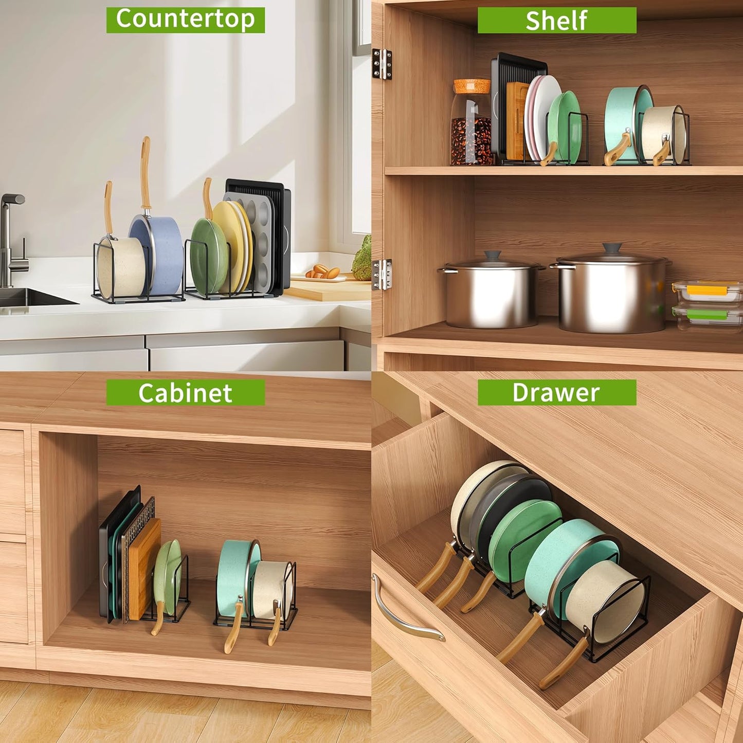 Pan and Pot Organizer Rack, Cutting Board Organizer for Cookie Sheet,Frying Pan inside Cabinet,Baking Pan, Tray Organizer for Kitchen Storage - Total 5 Compartments(2 Pcs)