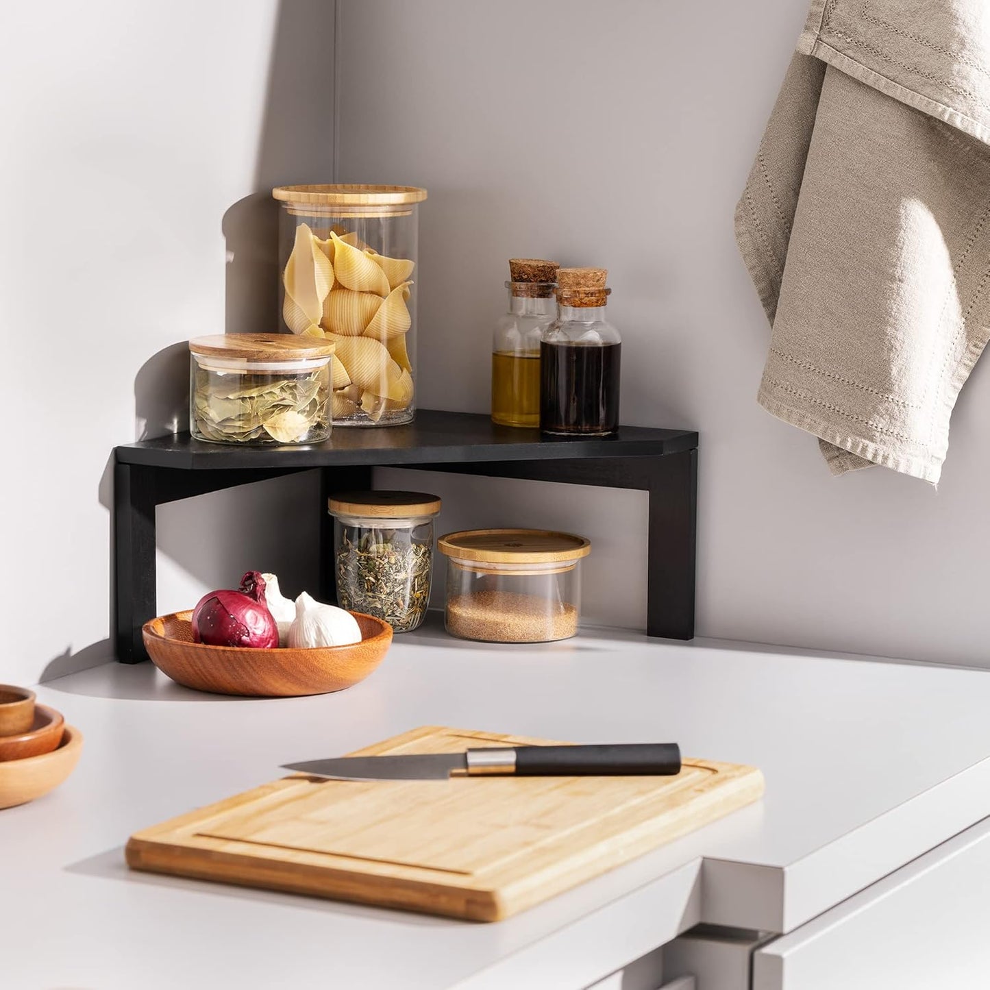 Navaris Bamboo Corner Shelf Unit - Free-Standing Corner Shelf Organizer for Kitchen Cabinet Cupboard Counter-Top Storage 11.8" x 11.8" x 5.9" - Black