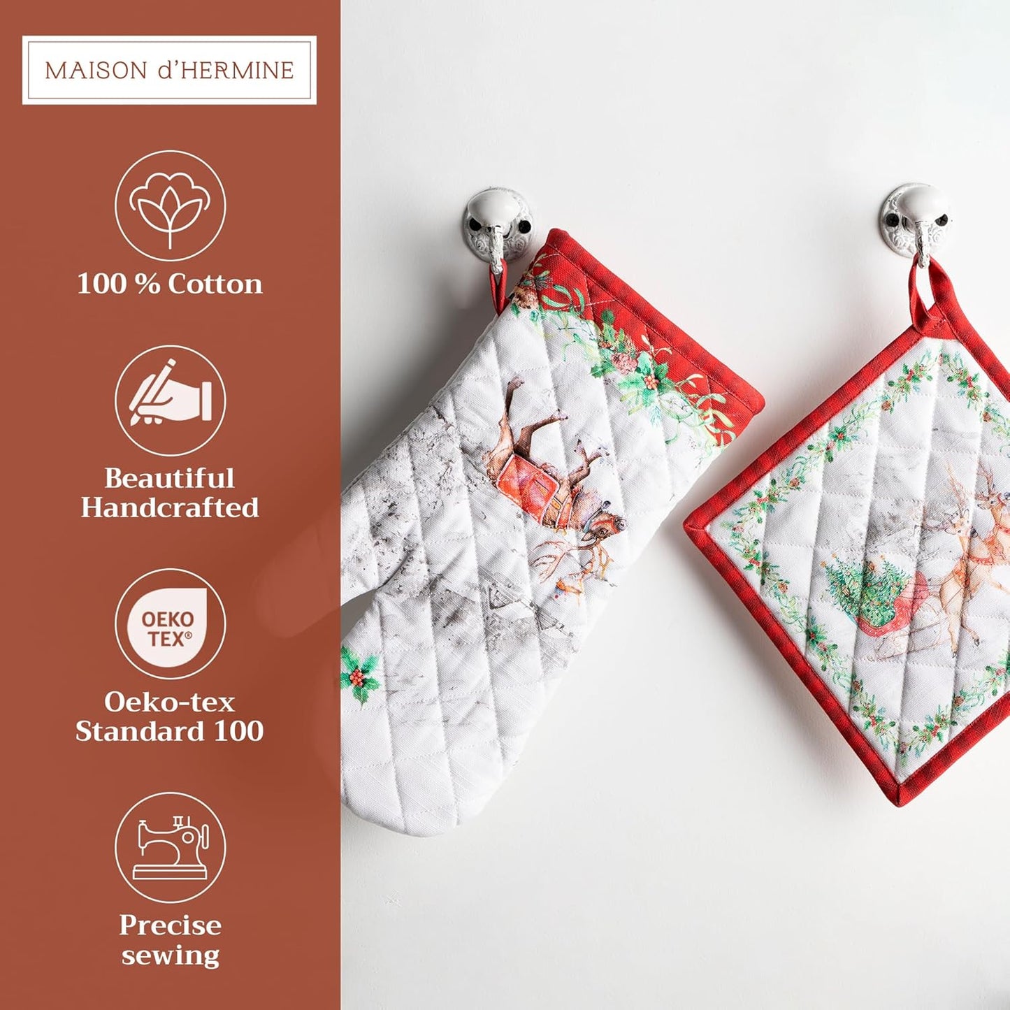 Maison d' Hermine 100% Cotton Oven Mitt & Pot Holder Set (7.5"x13" & 8"x8") Heat Resistant BBQ Cooking Gloves with Loop, Baking, Grilling, Kitchen, Handling Hot Pans (Christmas Tradition)