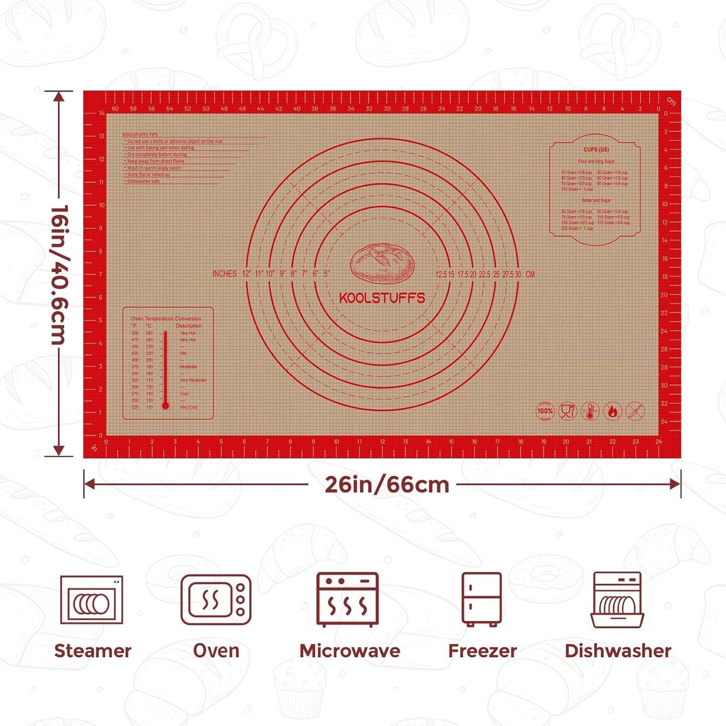 Silicone Pastry Mat - 26"x16" Non Slip Baking Mat with Measurements, Extra Large Dough Mats for Counter, Ideal for Rolling Dough, Fondant, Pizza, Pie, Cookies