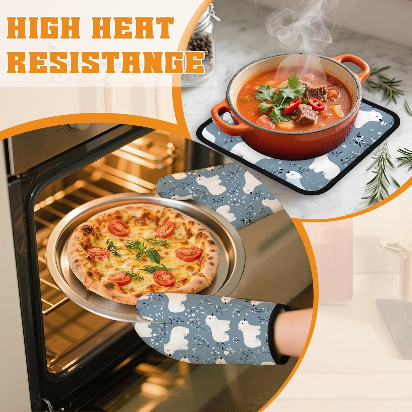 Cute Polar Bear Oven Mitts and Pot Holders,Winter Heat Resistant Oven Mitts Gloves and Pot Holder for Home Kitchen Decorations Cooking Baking BBQ Gifts,Set of 4