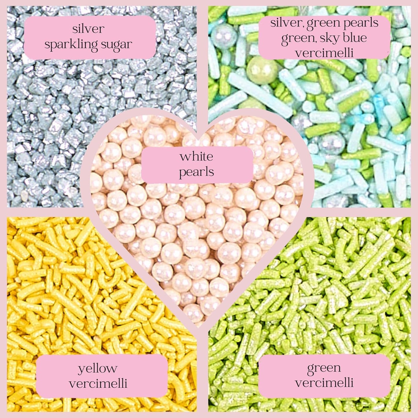 Confect Edible Sprinkles for Cakes & Cupcakes Decoration Assorted pack of 5 Summer Fun Sprinkles Mix White Dragees Green Yellow Blue Jimmies Silver Sparkling Sugar | Vegan, Gluten-Free, Nut-Free, Soy-Free, Dairy-Free, Palm Oil-Free - 5 Oz