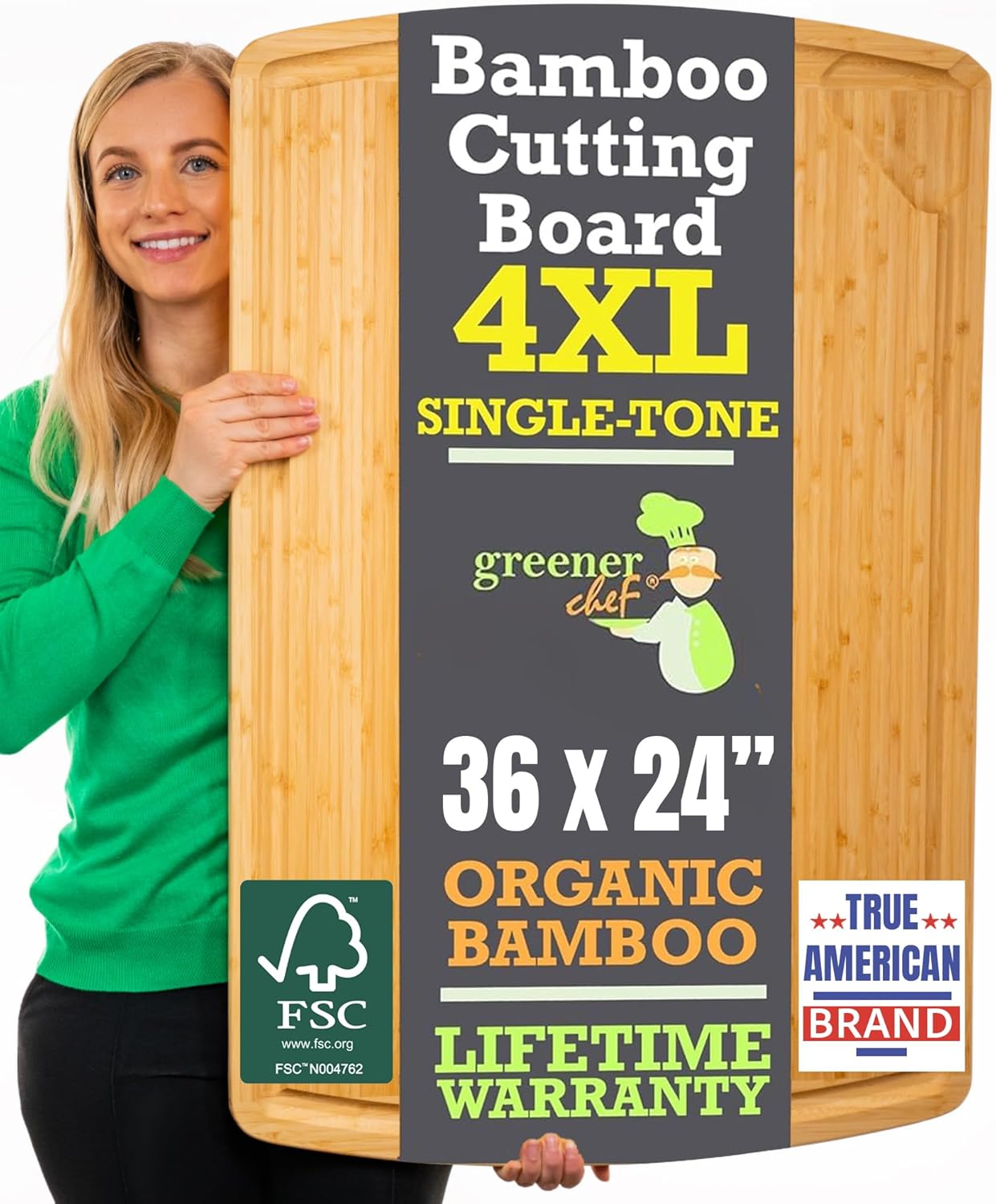 4XL Bamboo Butcher Block Cutting Board - Extra Large Cutting Boards for Kitchen 36 x 24 - Wood Countertop 24 x 36 Cutting Board - Single Tone