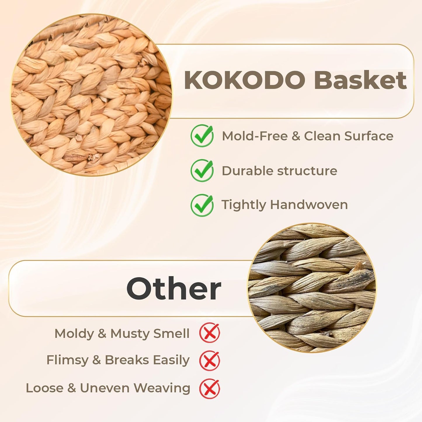 KOKODO 15"Lx11"W Large Rectangular Water Hyacinth Wicker Storage Baskets with Handles and Metal Frame, Stylish and Durable Handwoven Bin for Space-saving Room Organizing or Decorative Wicker Basket