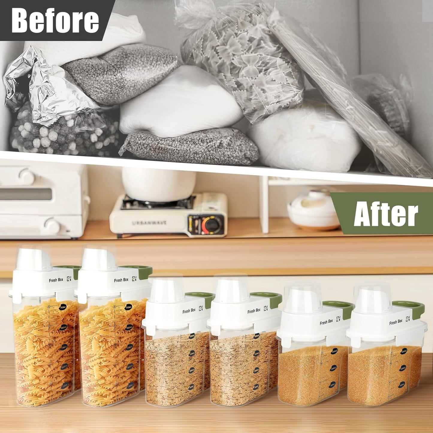 Cereal Storage Container 1Pack,85oz/2.5L Airtight Food Storage Containers With Lids,Organizers Storage With Measuring Cup for Beans,Sugar,Rice,Nuts,Snacks,Pet Food,Candy (Green, 1Pack Large Size)