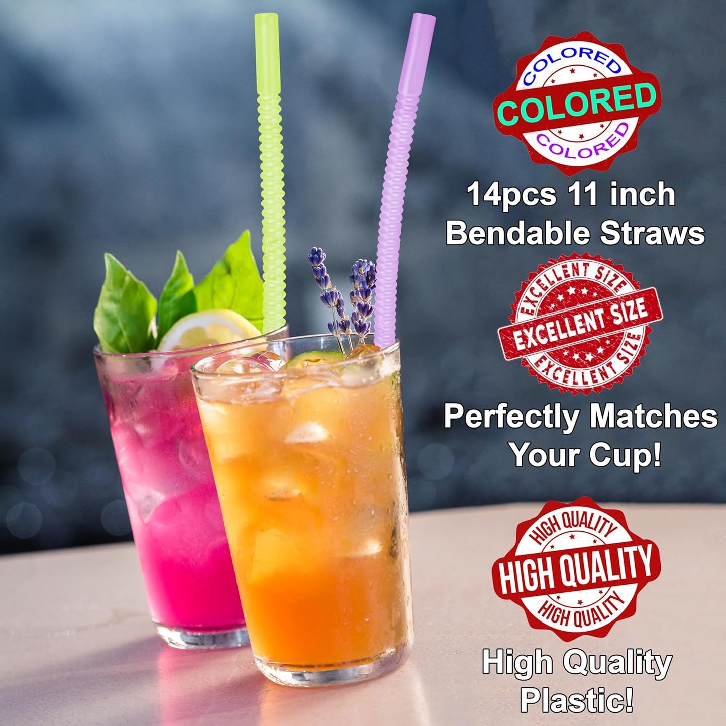 Bendable Straws - 11 inch Long Colored Flexible Straws - Bendy Drinking Straw Reusable - 14 Pack