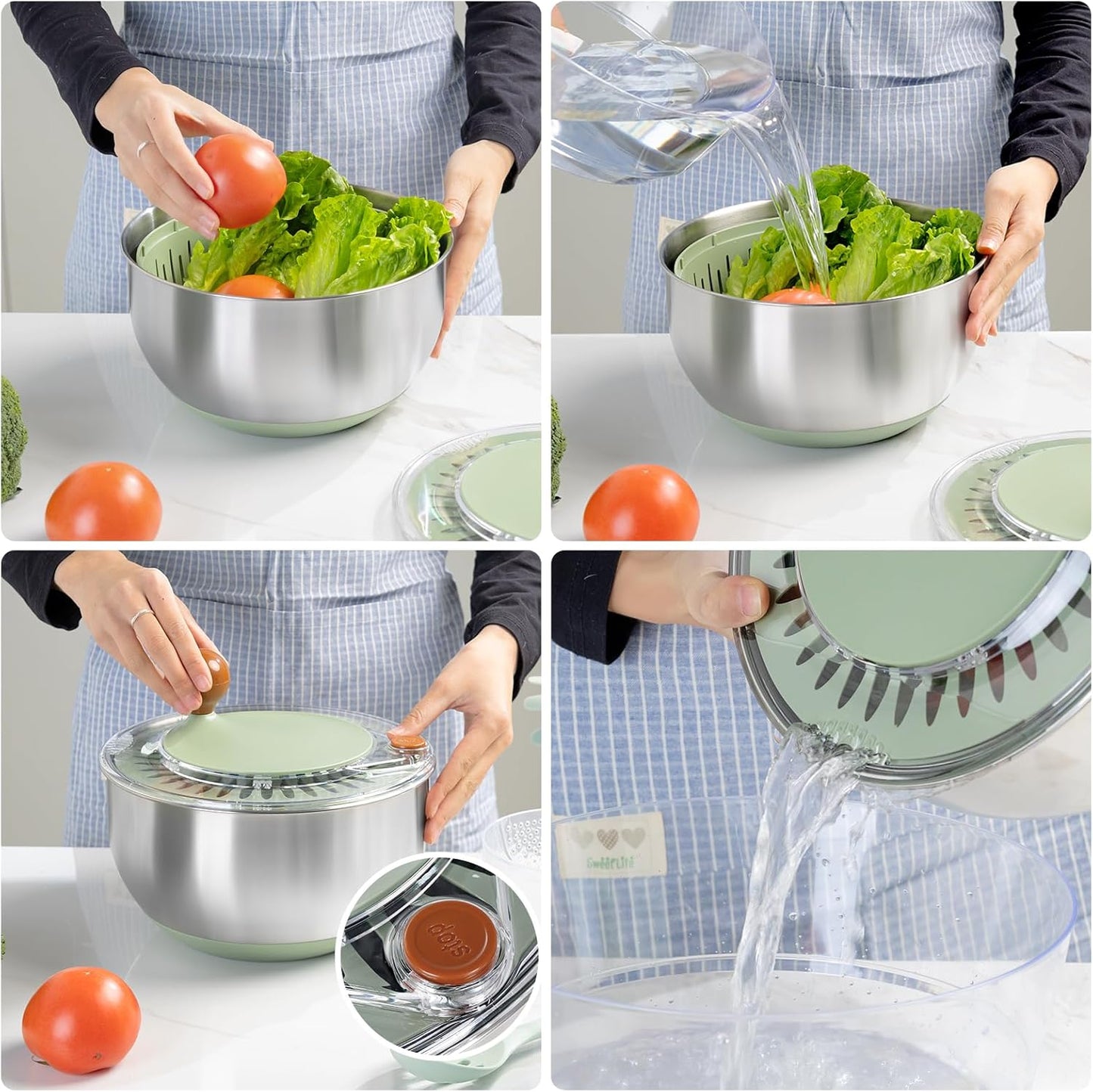 supernal 5.3Qt Stainless Steel Salad Spinner Large with Stop Button Vegetable Dryer Salad Chopper Bowl Non-Slip Base Dishwasher Safe Fruit Washer Transparent Lid & Drainage Hole Vibrant Green