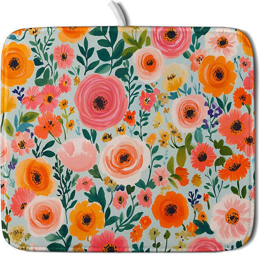 Spiral Flower Dish Drying Pad - Spring Bold Floral Printd Kitchen Countertop Cloth Pad for Home Decorative