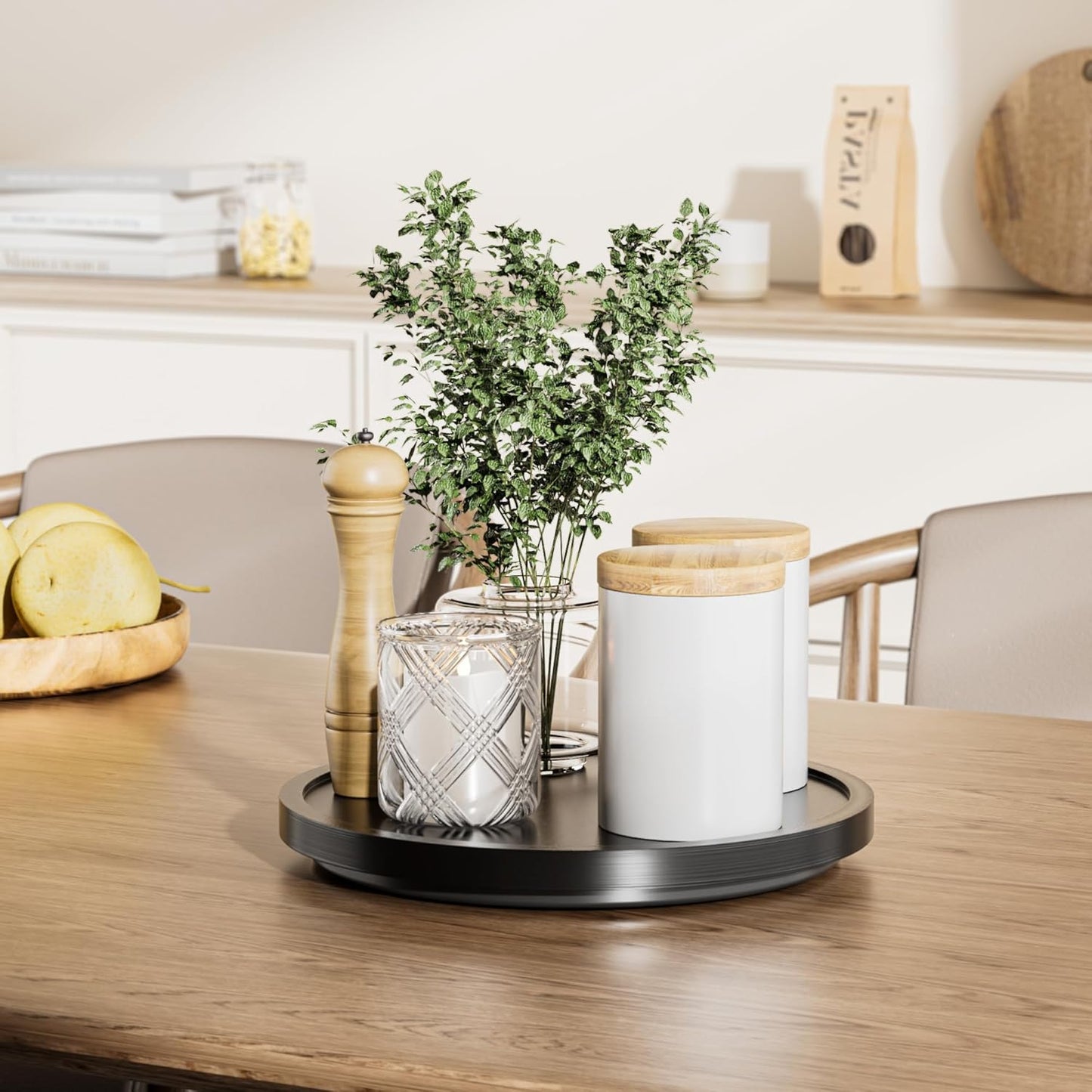 LAMU 11'' Wood Lazy Susan Organizer Turntable for Cabinet, Lazy Susan for Table Top, Pantry, Kitchen, Bathroom, Countertop, Rotating Spice Organizer, Vanity Decor Tray, Pine Wood, Black