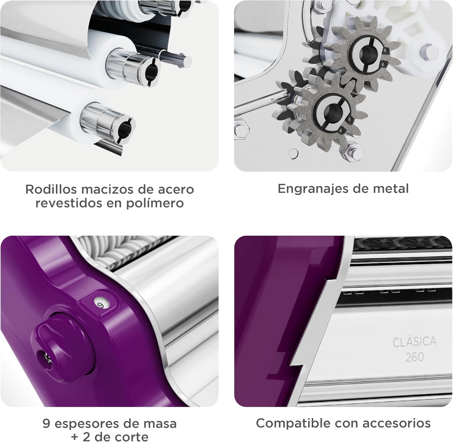 PASTALINDA Classic 260 Pasta Maker Machine, 26 cm Wide Rollers, 9 Thickness Positions, 2 Cutting Positions, Stainless Steel. Includes Reinforced Hand Crank And Two Clamps (Violet)