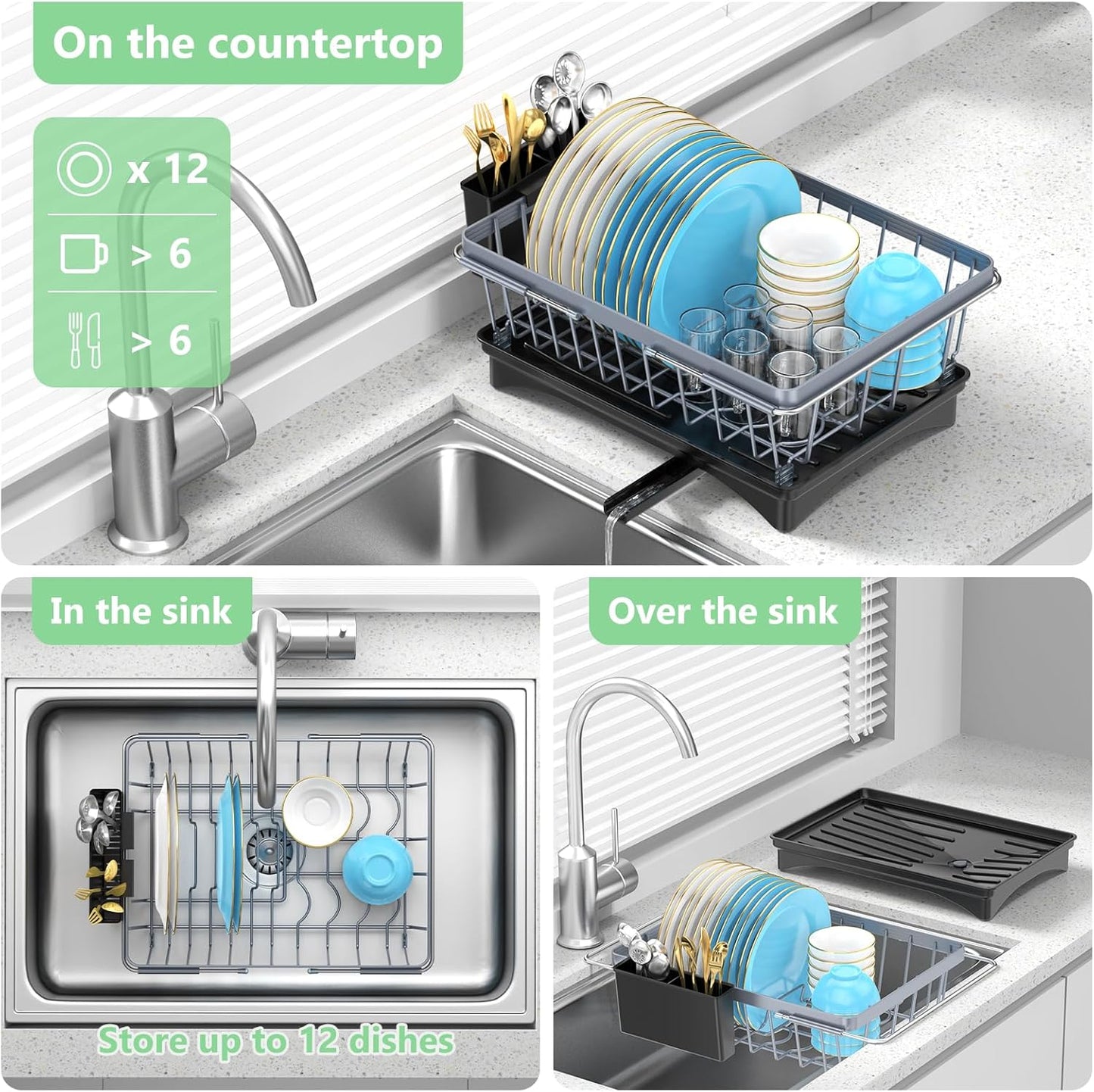 LEMIKKLE Sink Dish Drying Rack - Expandable Small Dish Rack Over Sinks with Drying Tray, Dish Drainer for Kitchen Counter with Cutlery Holder, Drying Rack Fit for 14’’-19’’ Kitchen Sink