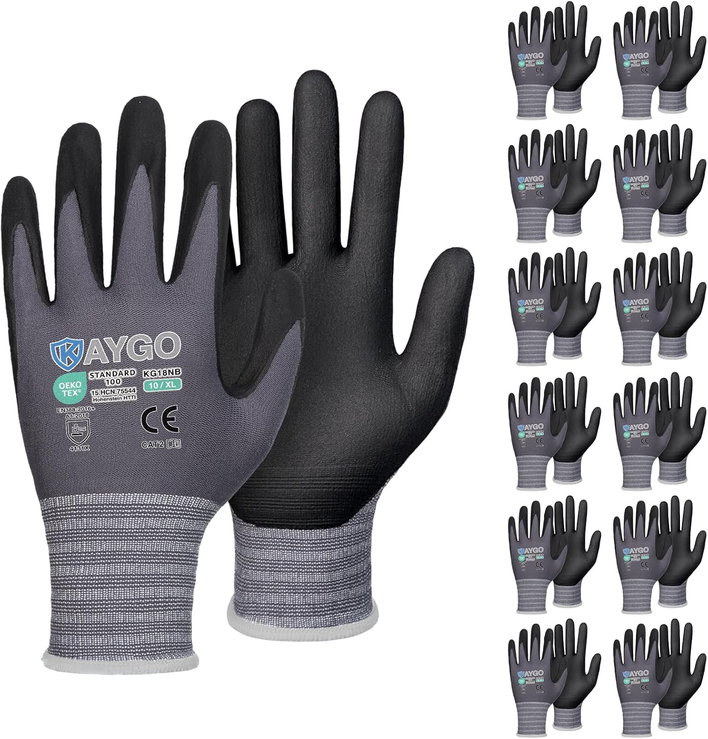 KAYGO Safety Work Gloves MicroFoam Nitrile Coated, 12 Pairs KG18NB,Seamless Knit Nylon Glove for Men and Women, Ideal for Automotive,Warehouse,Construction (X-Large,Gray)
