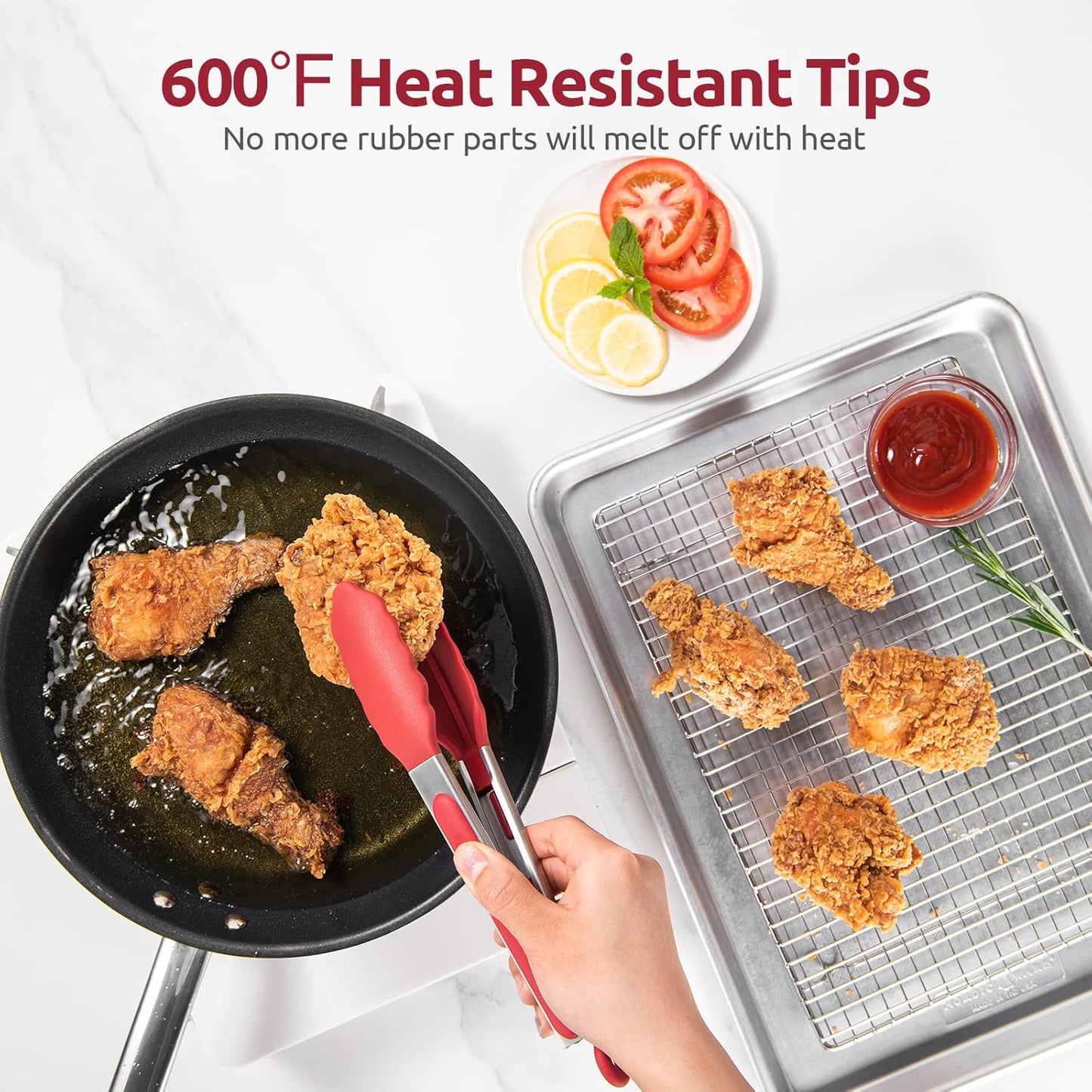 600ºF Heat Resistant Kitchen Tongs: U-Taste 9 inch Silicone Cooking Tong with Firm Sealed Non Stick Rubber Tips & Silicon Coated 18/8 Stainless Steel Handle & Smooth Locking for Serving Salad (Red)