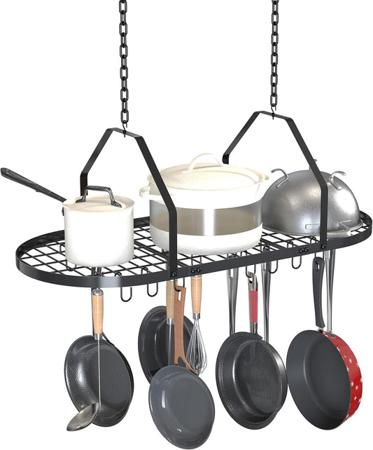 Ceiling Pot and Pan Rack, Kitchen Pot Organizer Storage Rack, Multi-Purpose Organizer for Home, Restaurant, and Kitchen Cookware with 20 Removable Hooks (Black)