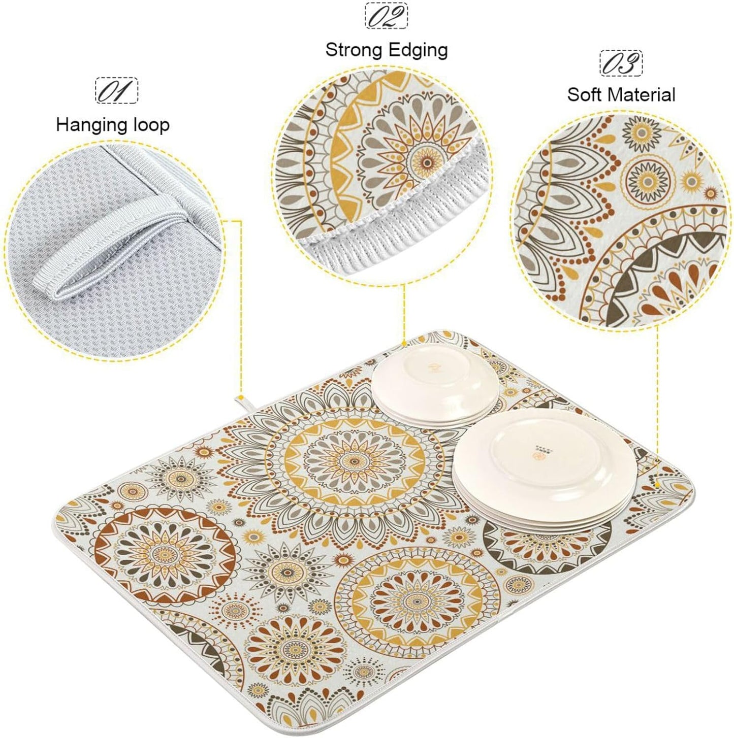 Mandala Ethnic Bohemian Ornament Dish Drying Mat for Kitchen Counter Absorbent Microfiber Drying Pad, Medium 16x18 in, Reversible Drainer Mats